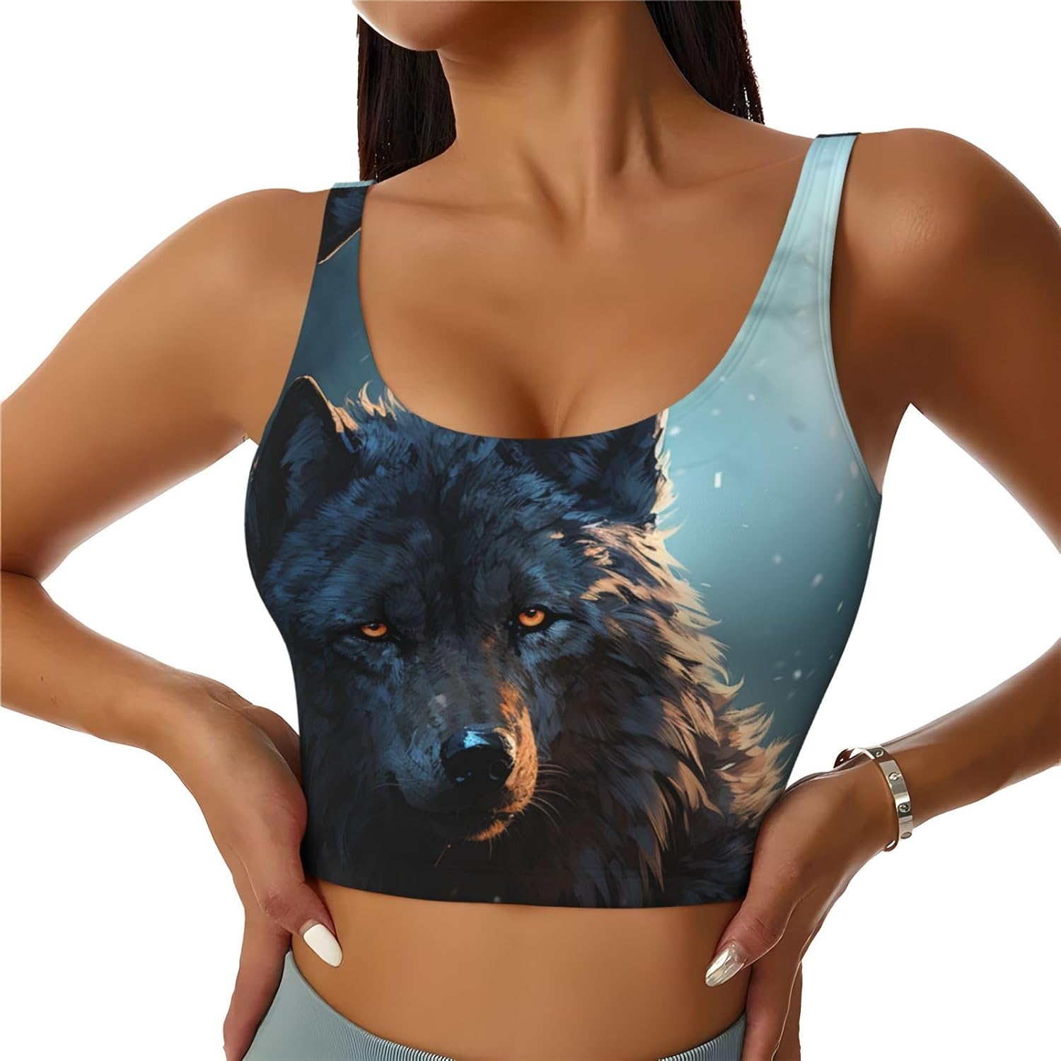 Sports Bras for Women, U Back Removable Womens Tank Tops Fantasy Wolf Funny Yoga Print Workout Bras