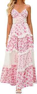 Women Floral Maxi Dress Spaghetti Straps V Neck Patchwork Flowy Boho Sun...