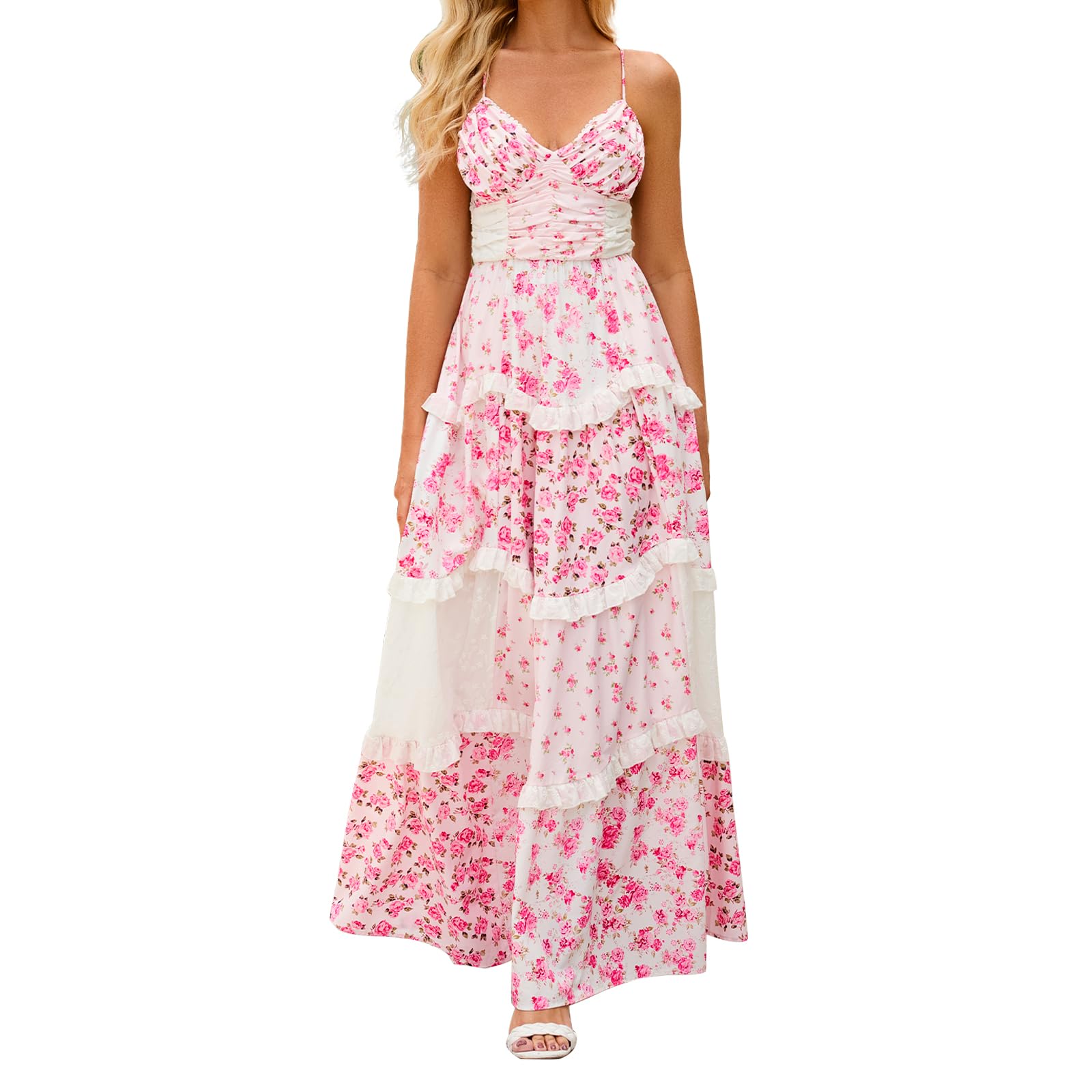 Women Floral Maxi Dress Spaghetti Straps V Neck Patchwork Flowy Boho Sundress Tiered Long Dresses