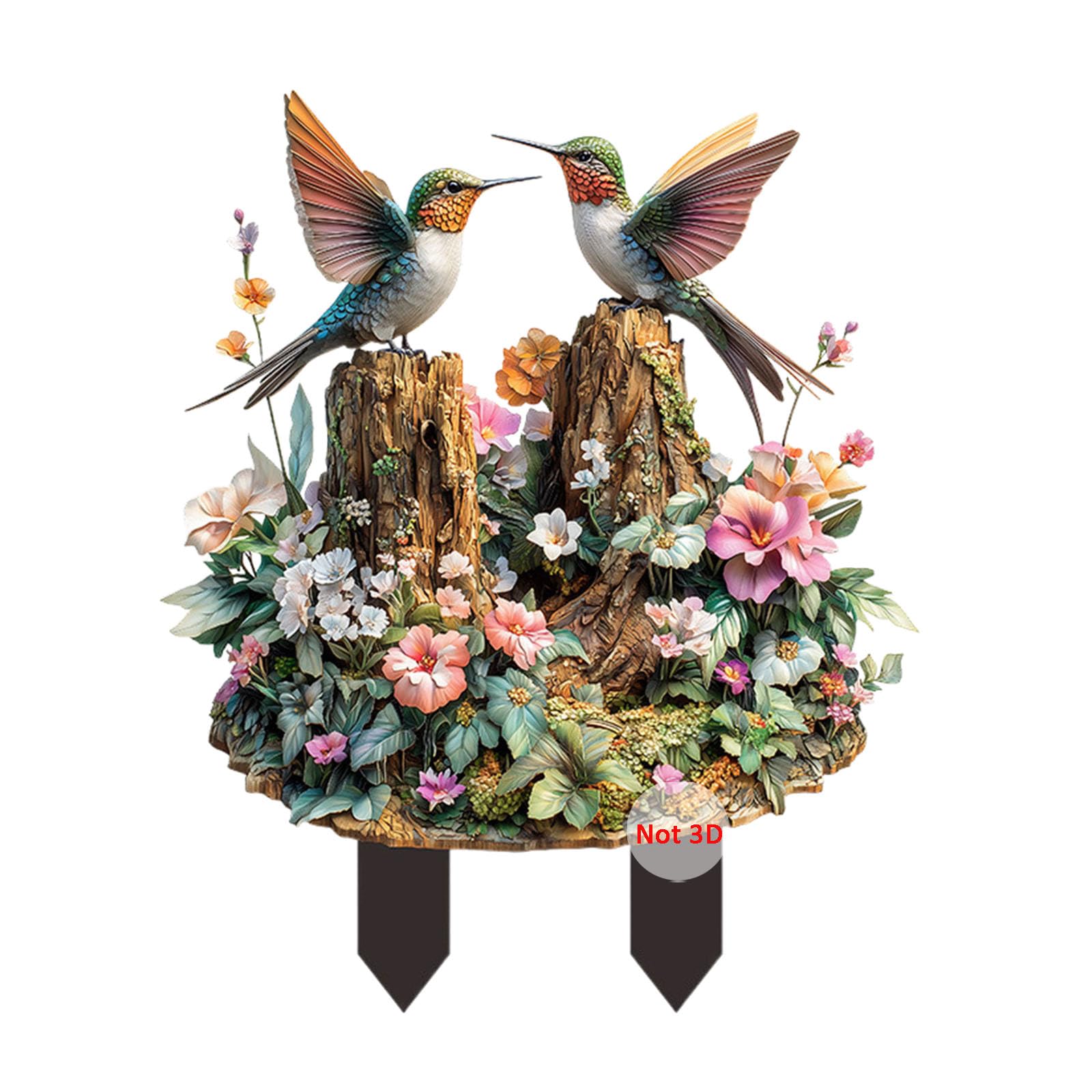 ANNUOZE Hummingbird Garden Stake Decor, 2D Flat Acrylic Birds Sign, Small Animal Ornament Indoor Outdoor Yard Lawn Pot Plant Decorative Accessories (Twin Hummingbird & Stump)