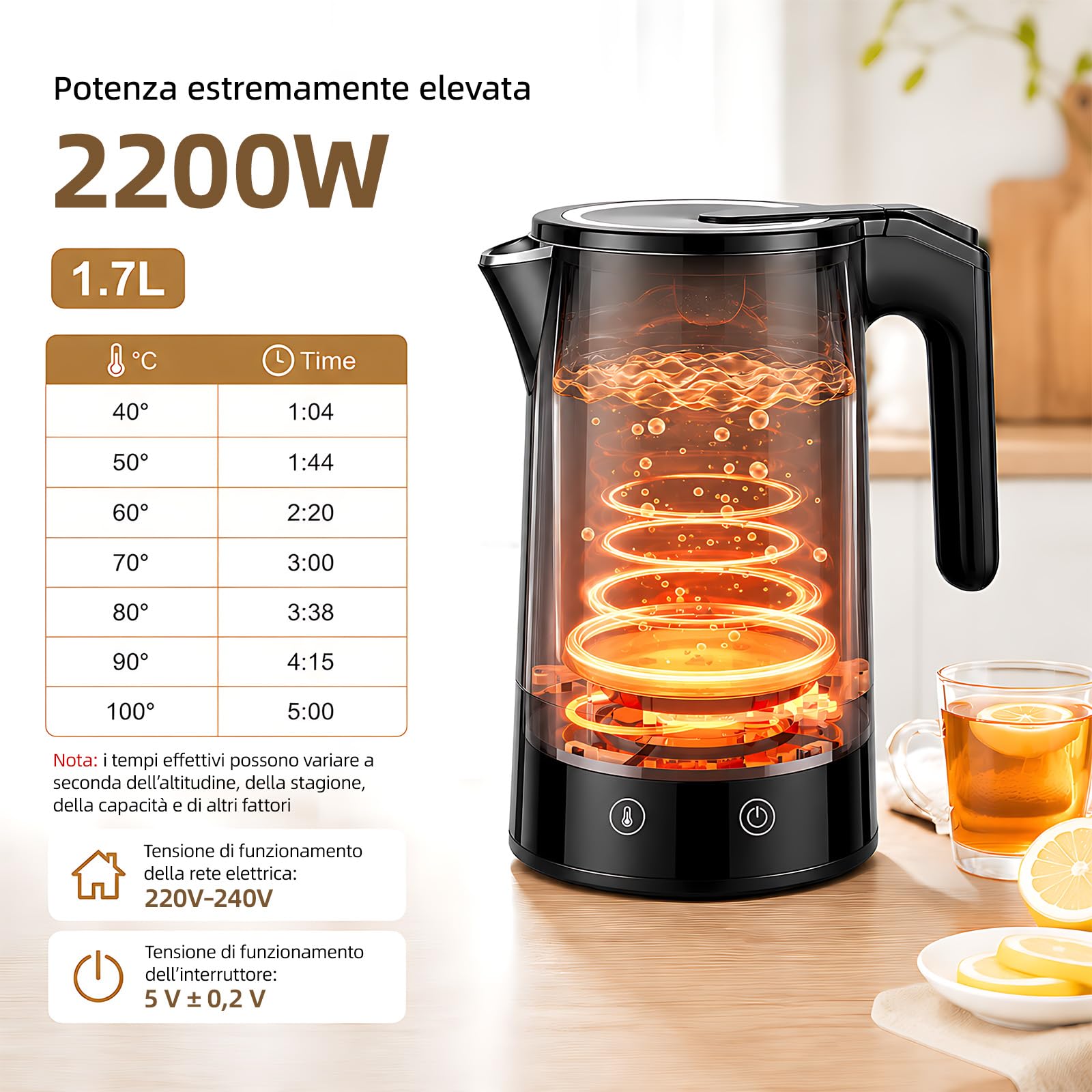Bollitore Elettrico Temperatura Regolabile 1.7L, 2200W Senza BPA | Bollitore Elettrico con Schermo e Controllo Temperatura Mantenimento del Calore 12 Ore Interno in Acciaio Inossidabile 304