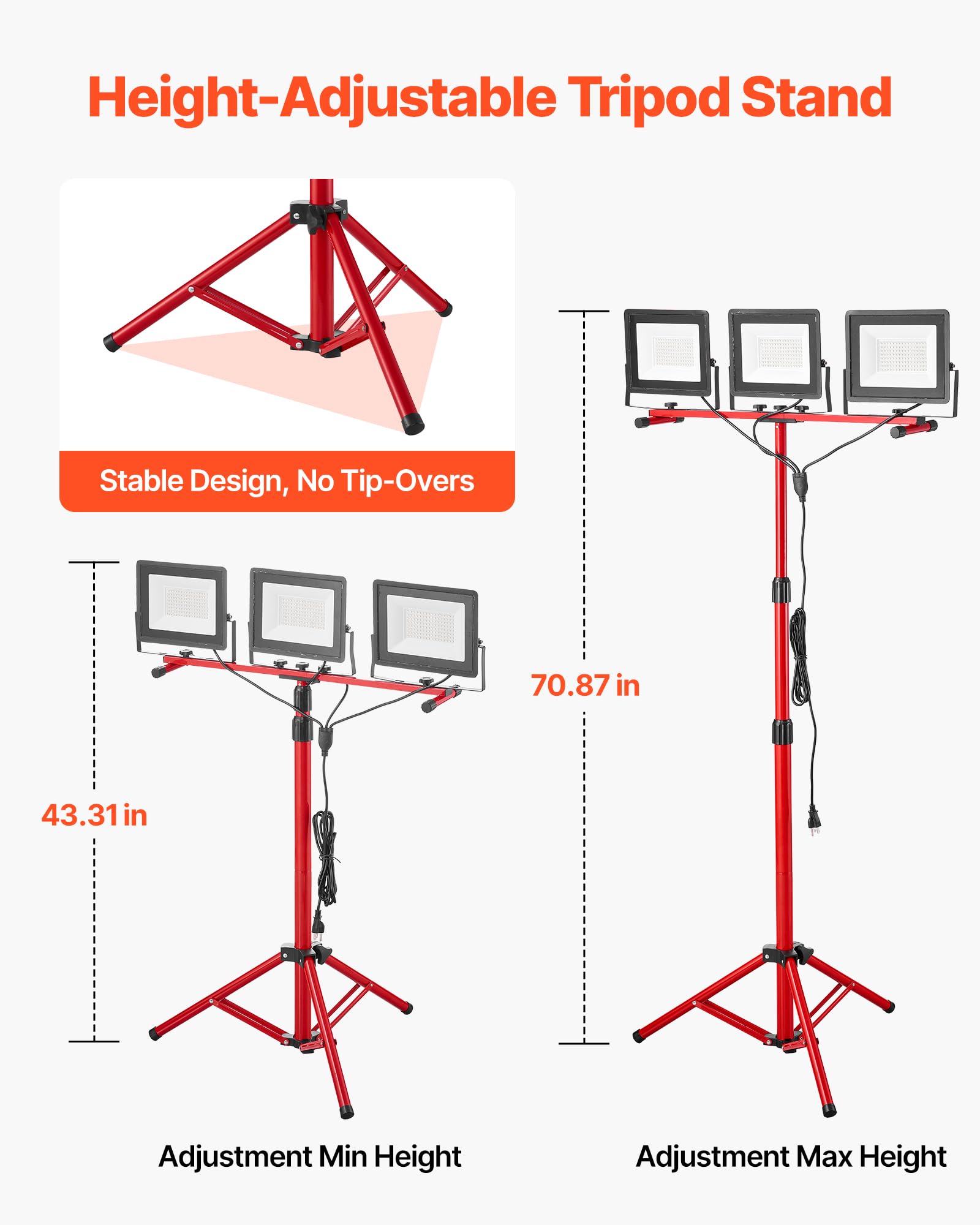 VEVOR Luz de Trabajo LED con Soporte, 15 000 Lúmenes, Luz de 3 Cabezales con Interruptor Individual, Trípode y Cable de Alimentación de 3,3 m para Obras de Construcción, Resistente al Agua IP65