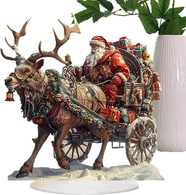 Collectible Santa Figurine: 2D Acrylic Santa in Sleigh with Reindeer Tablepiece