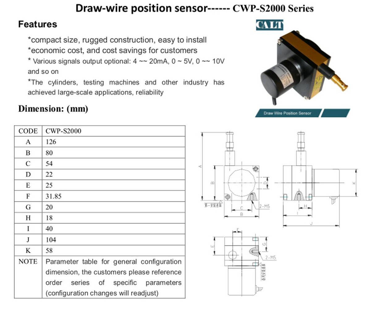 Cina 2000mm Gamma Analogico Draw Filo Lineare Posizione Sensore Encoder 4-20mA Uscita CWP-S2000A