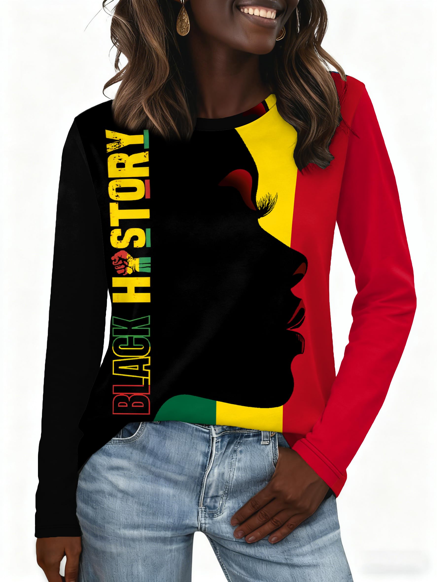 YI XIANG RAN Black History Shirts for Women Black History Month Tops Melanin African T-Shirt Casual Long Sleeve Tees, Black6, M