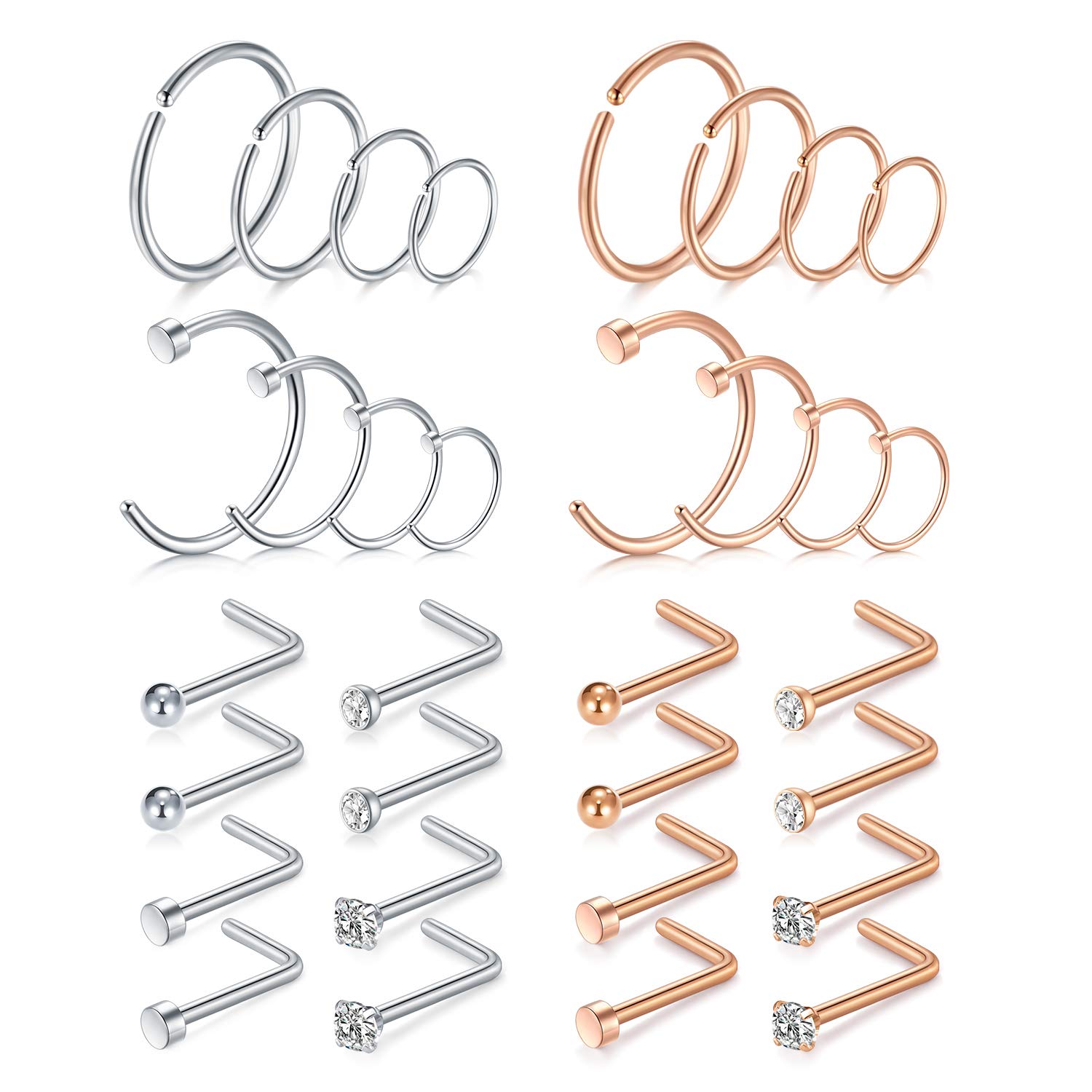 Mayhoop 20g Stainless Steel Nose Rings Hoop L Shape Nose Studs Nose Screw Bone Silver Rose Gold Black Rainbow Pack for Women Men 28Pcs
