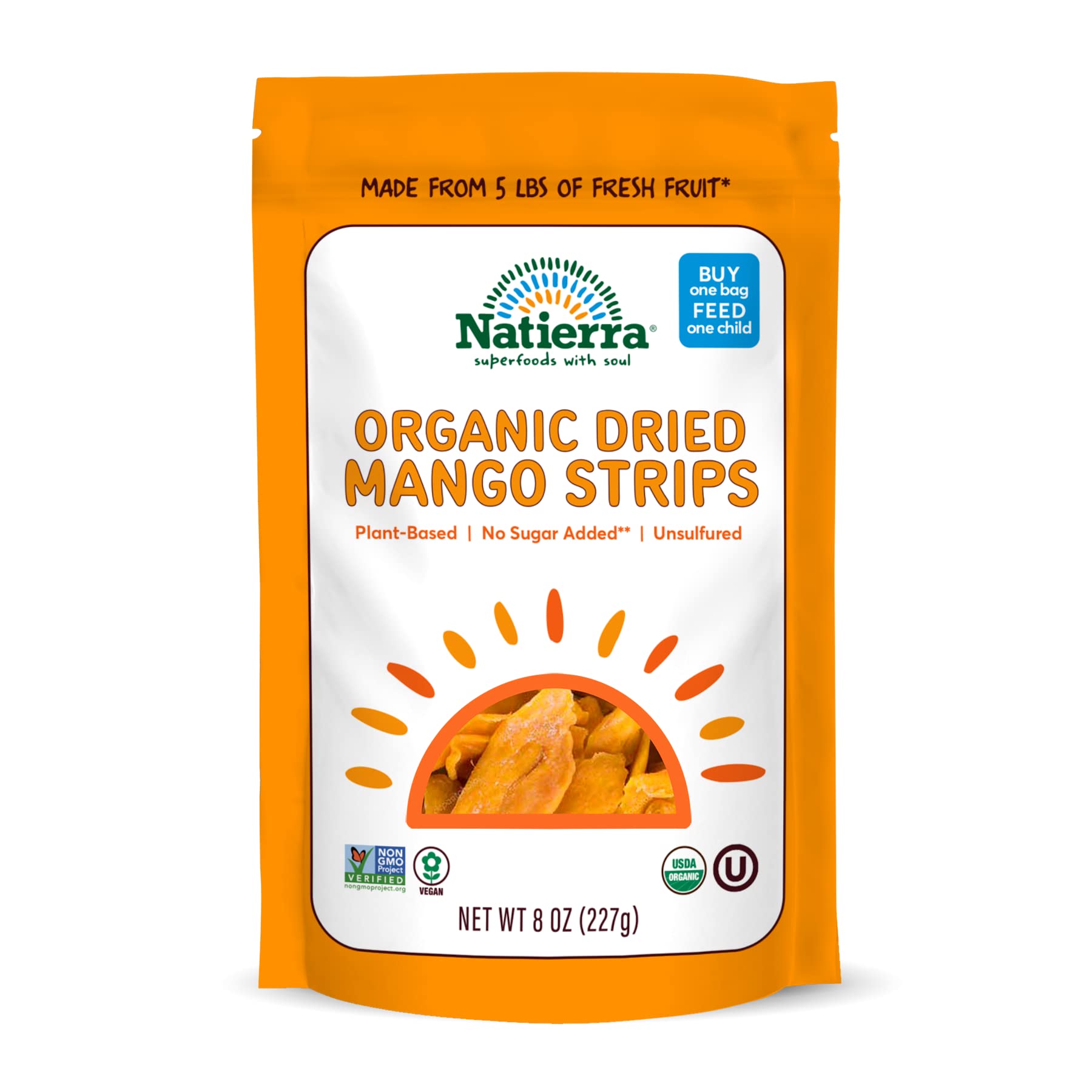 NATIERRA Organic Dried Mango Strips | No Sugar Added | USDA Organic, Non-GMO & Vegan Mangos | 8 Ounce (Pack of 6)