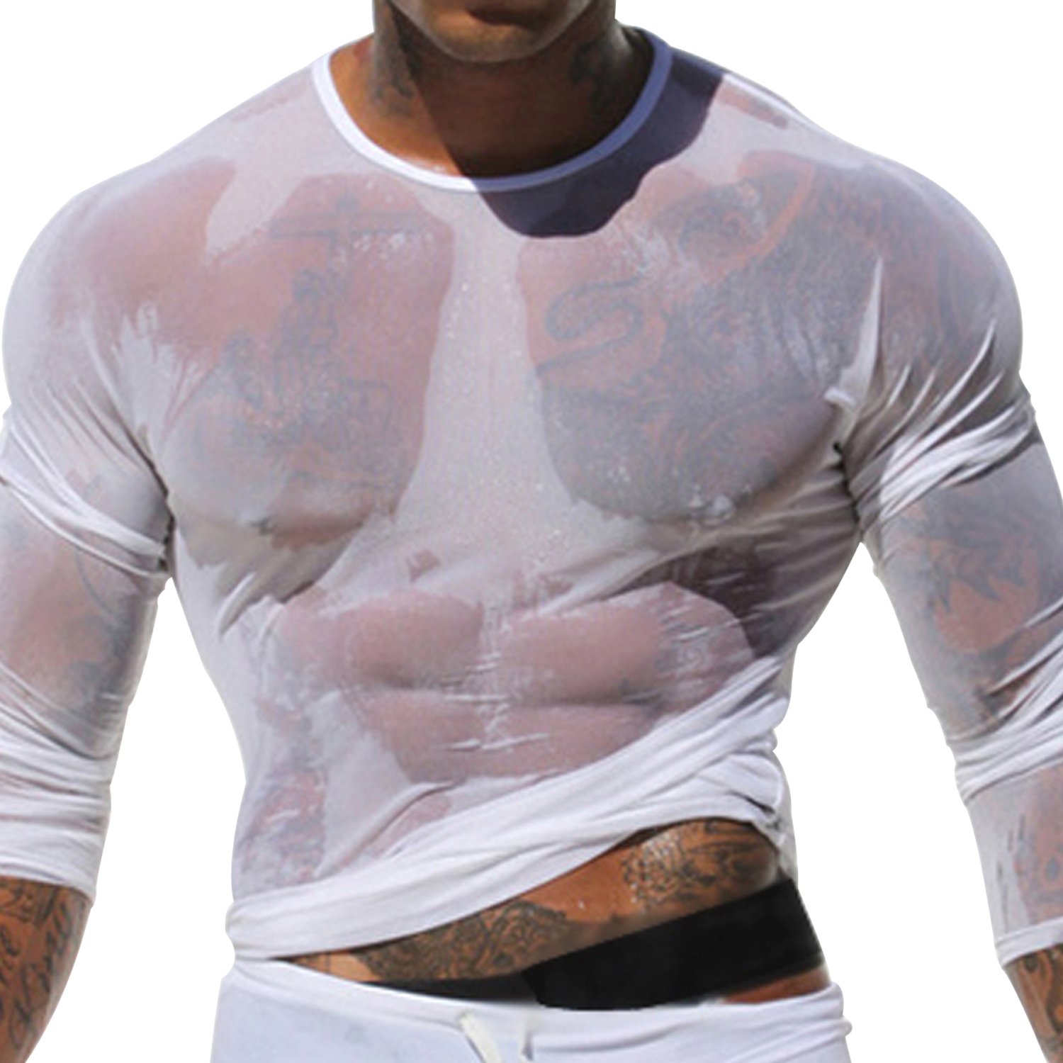 topjack Mens Muscle Fishnet Long Sleeve T-Shirt Mesh Sheer See-Through Nightwear Undershirt (S,White)