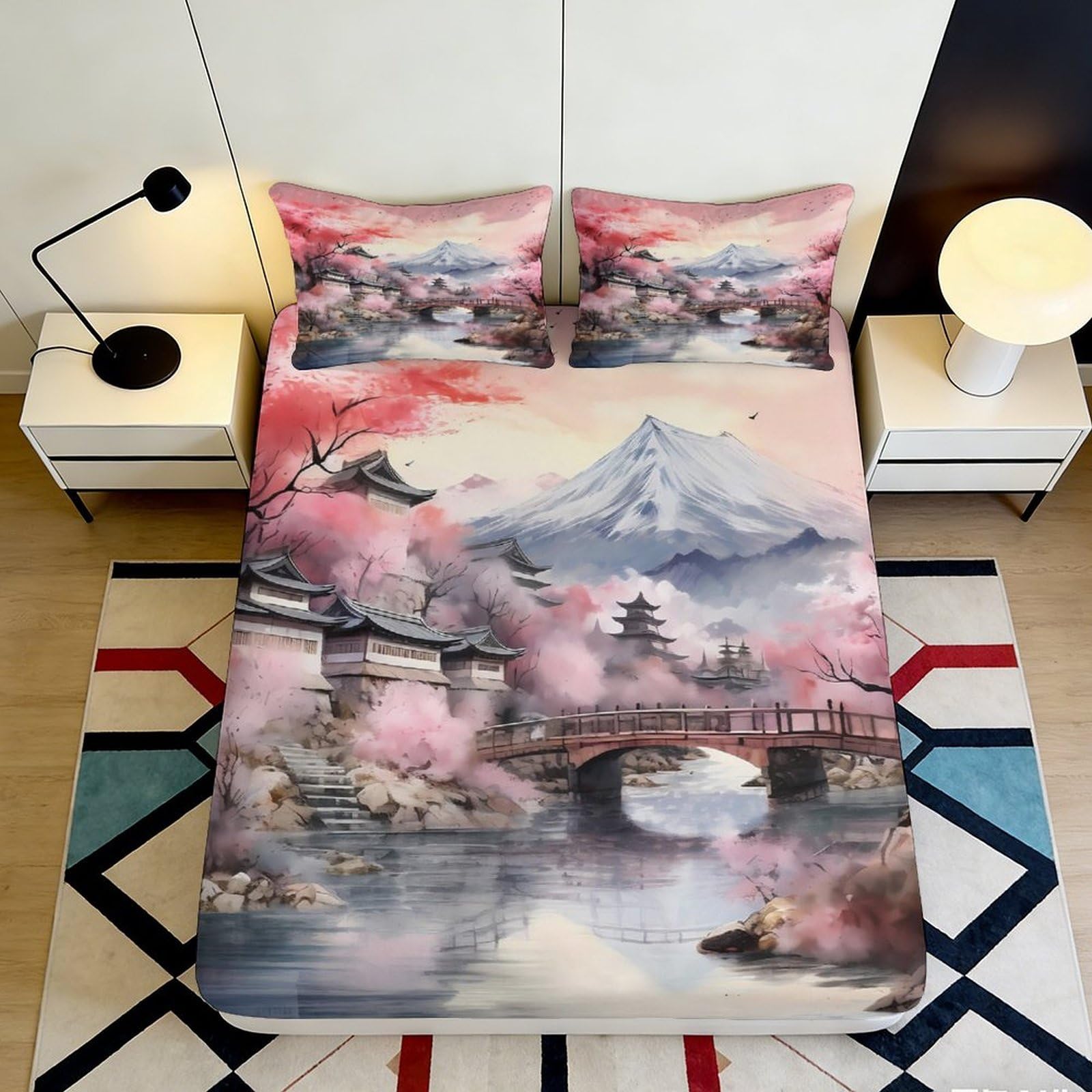 3D Printed Sakura Fitted Sheet Microfiber Deep Pocket Bedroom Bedding Set Sakura Mattress Fitted Cover Non-Slip Elastic Hem Washable Mattress Protection 200x200x25cm 90x200x25cm