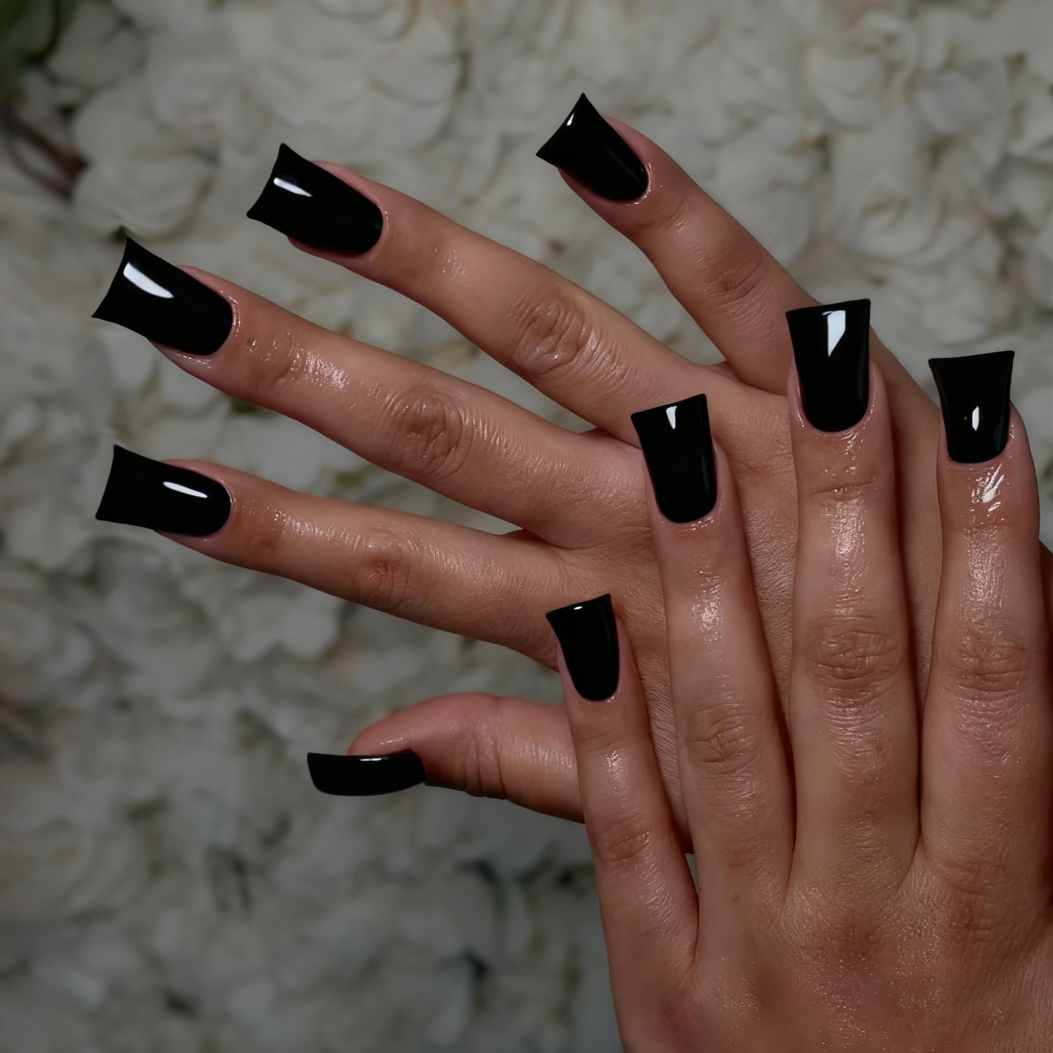 Black Press on Nails Medium Duck Shape, Dark Black False Nails with Glue, Glossy Opaque, Solid Square Fake Nails Press ons, Reusable Soft Gel Stick on Nail for Women, 24 Pcs
