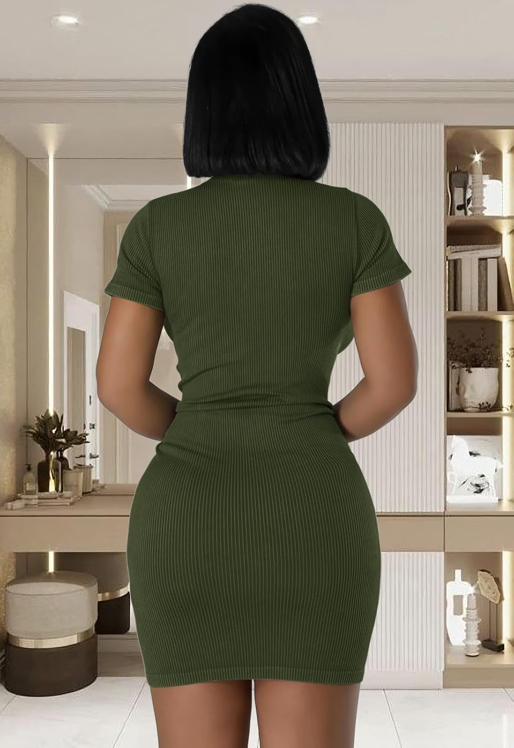 Ribbed Bodycon Dresses for Women Short Sleeve Summer Zip Up Front Casual Mini Tank Dress - Image 3