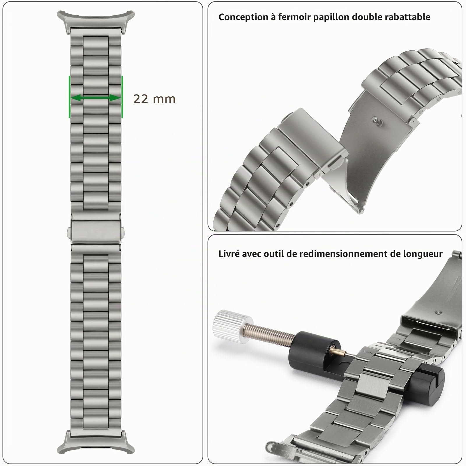 Tasikar Bracelets en acier inoxydable compatibles avec la Samsung Galaxy Watch Ultra 47mm (2025/2024), No Gap -bracelet homme femme pour Galaxy Watch Ultra 47mm (2025/2024), Gris Titane