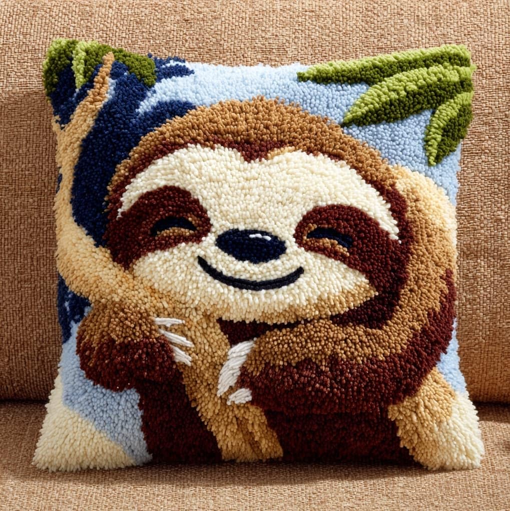 WallustrioaW Latch Hook Kits for Adults,Sloth,DIY Latch Hook kit Cushion Throw Pillow Embroidery Craft for Beginner Christmas,Birthday Gifts,17x17in