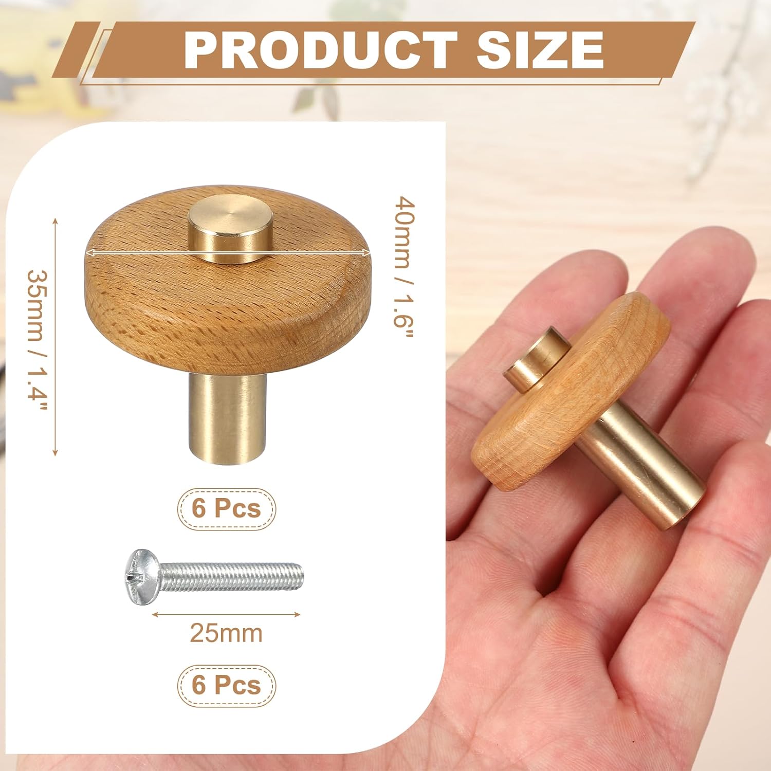 uxcell 6 Pcs Wood Cabinet Knobs, 1.6 Inch Round Single Hole Wooden Drawer Knobs Mushroom Shape Handle Pulls with Screws for Furniture Closet Dresser, Copper Wood Color