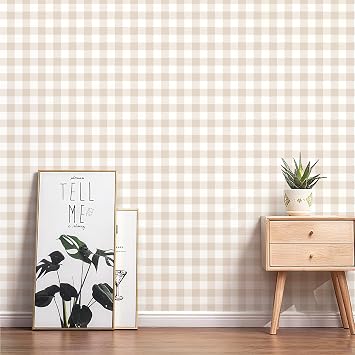 Plaid Wallpaper Peel and Stick, Beige, 17.7"x197" | Self Adhesive, Vinyl, Removable, Boho Contact Paper, Checkered Wall Paper for Bedroom, Living Room, Bathroom