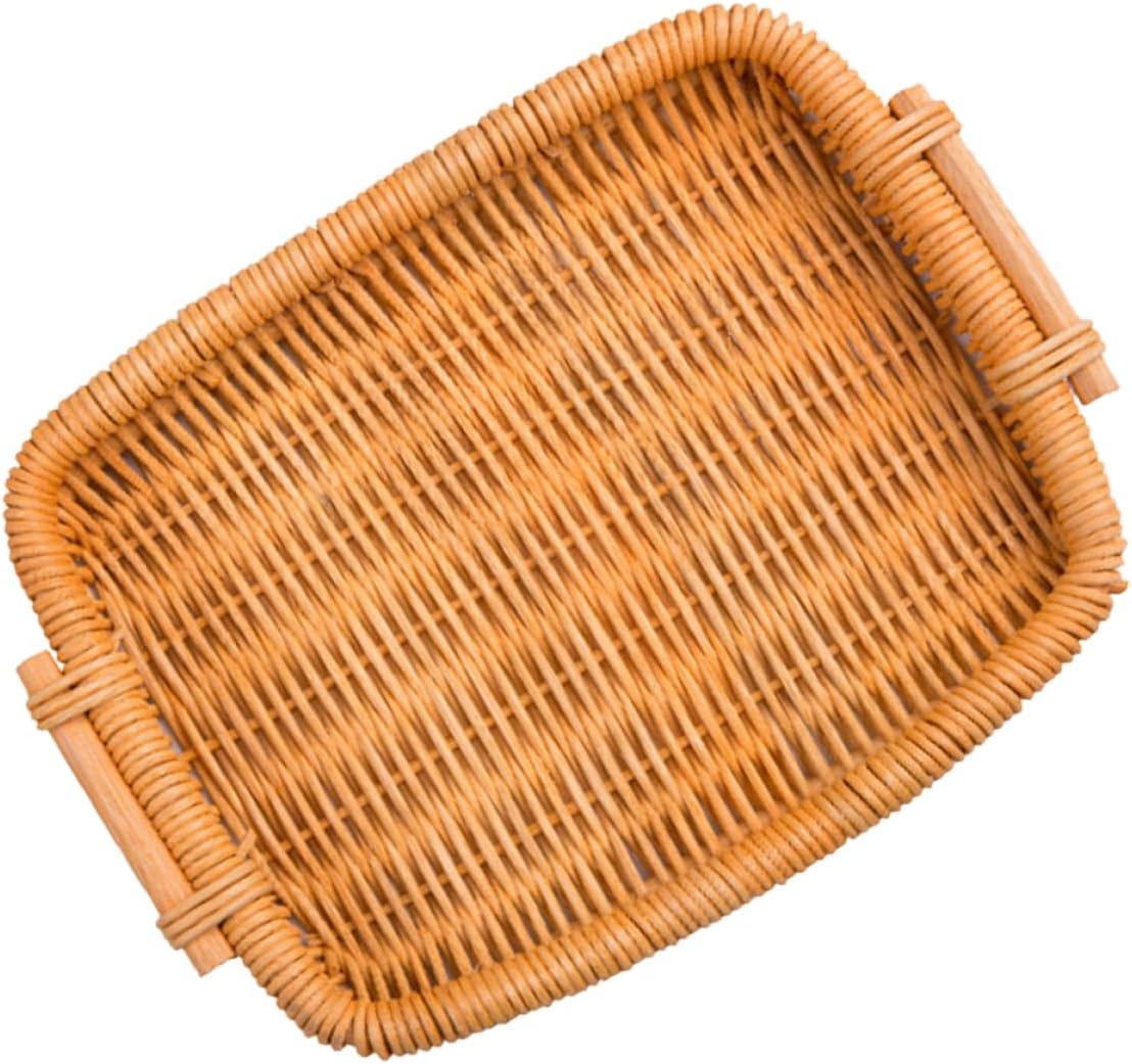 2pcs Rattan Woven Fruit Basket Hand-woven Food Storage Organizer for Bread and Produce Decorative Honey Color Design Rectangle Style for Kitchen Counter and Dining Decor