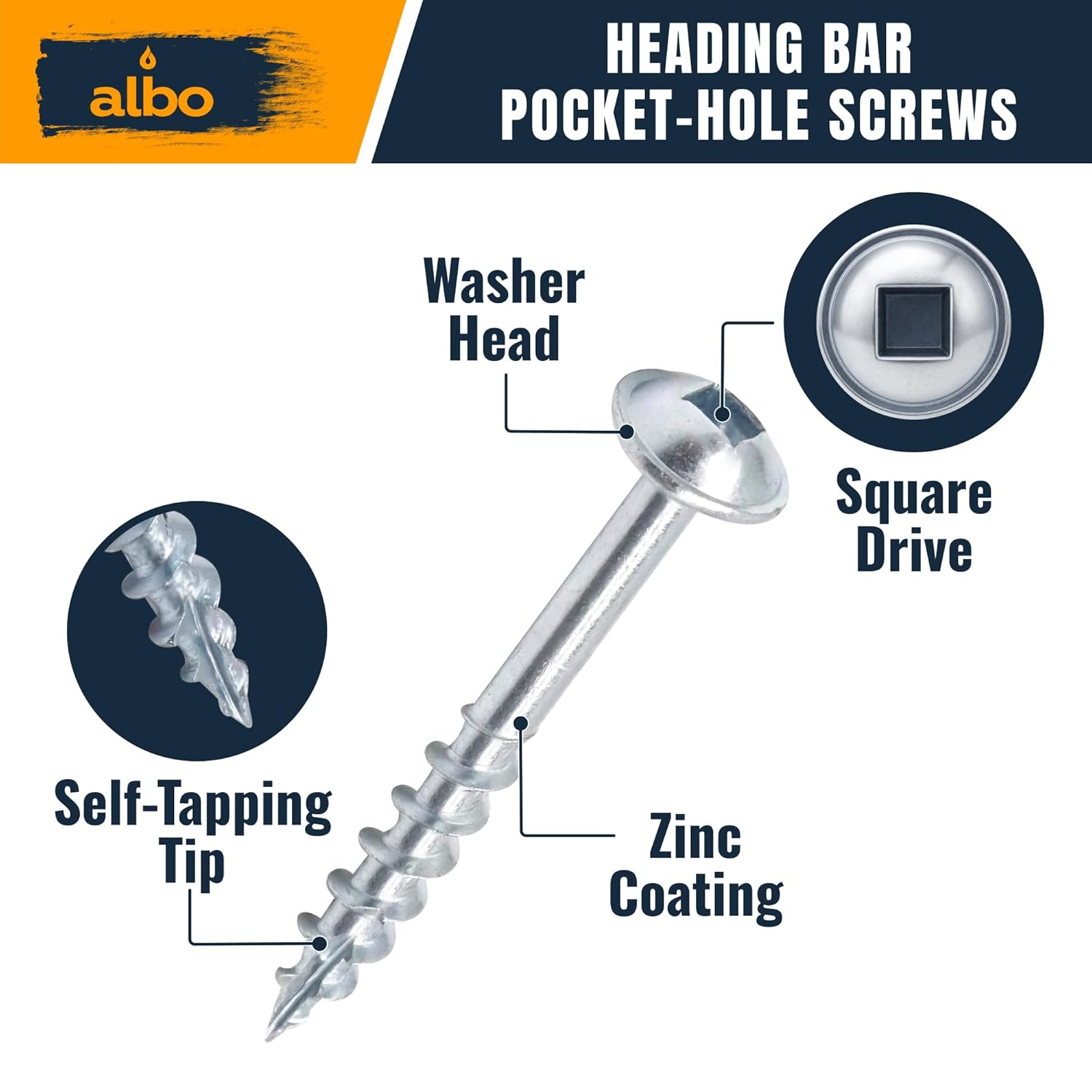 ALBO Pocket Hole Screws #8 x 1-1/2", 400 PCS, Carbon Steel Zinc Coated – Robertson Square Drive Wood Screws with Free 150mm Bit, Self Tapping Cabinet & Woodworking Screws