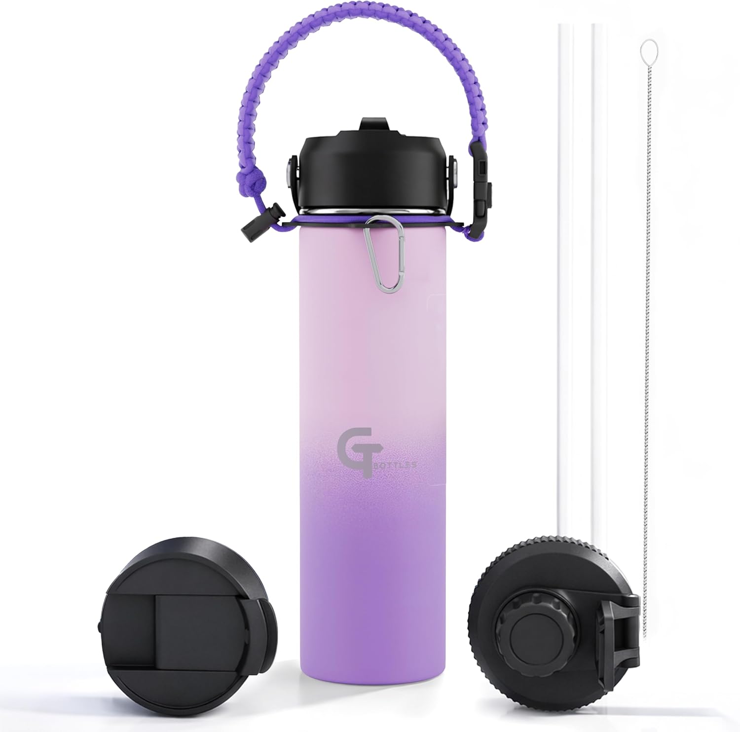 22oz Insulated Stainless Steel Water Bottle with 3 Lids & Paracord Handle – Leakproof Wide Mouth Metal Sports Bottle for Gym, School & Travel (Light Purple/Purple, 22oz)