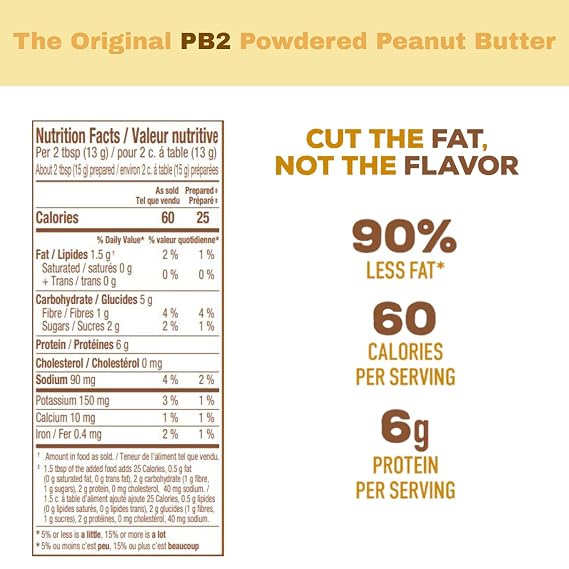 PB2 Original Powdered Peanut Butter - 16 oz Jar, 6g of Protein, 90% Less Fat, Certified Gluten Free, Only 60 Calories per Serving, Perfect for Protein Shakes, Smoothies, and Low-Carb, Keto Diets
