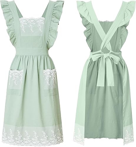 Miniatura 1 de Delantal vintage para mujer con bolsillos, lindo delantal de algodón y lino con espalda cruzada para jardinería, cocina, hornear