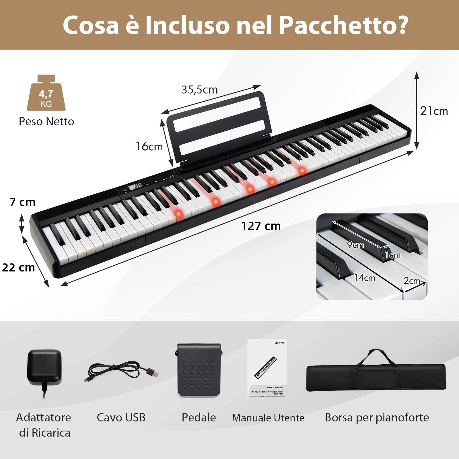 COSTWAY Tastiera Pianoforte Elettronica 88 Tasti, Pianoforte Digitale con Luci, Tastiera Elettronica con Borsa, 128 Ritmi e Toni, Sustain Pedale, Midi/USB/Bluetooth, per Principianti Bambini Adulti