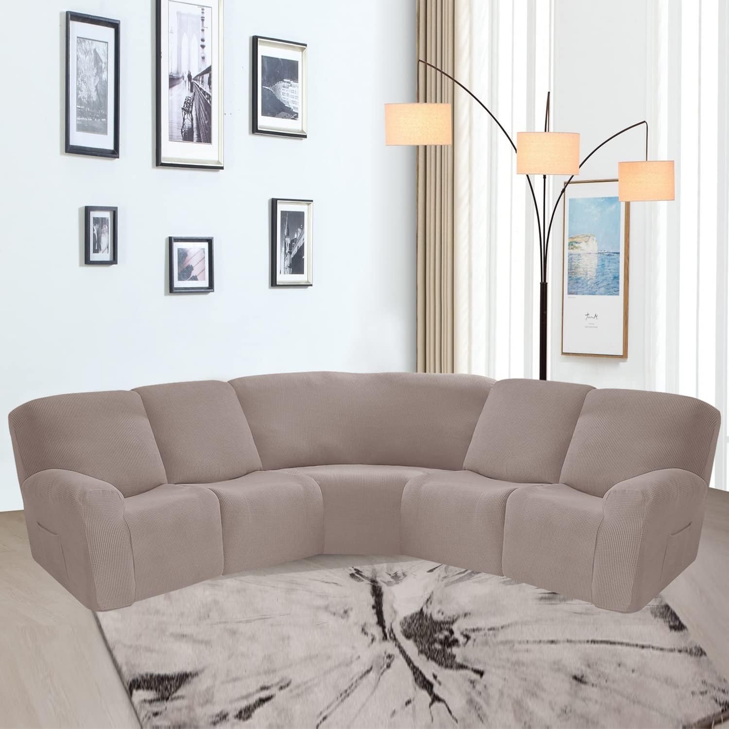 OKYUK Recliner Corner Sofa Cover, 5 Seats Jacquard Stretch Corner Sofa Covers for Reclining L Shape Sofa Slipcovers Thick, Soft, Washable Durable Furniture Protector (Jacquard - Light Brown)