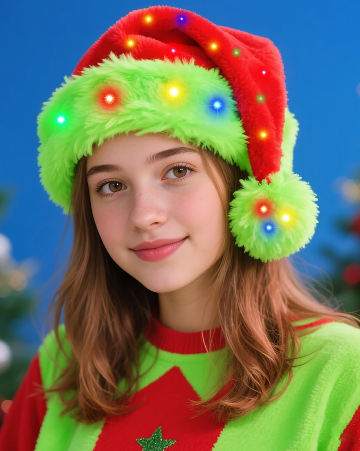 Hikkcos Light Up Christmas Santa Hat Led Green Lime Santa Hat with Colorful Light for Adults Xmas New Year Party Headwear