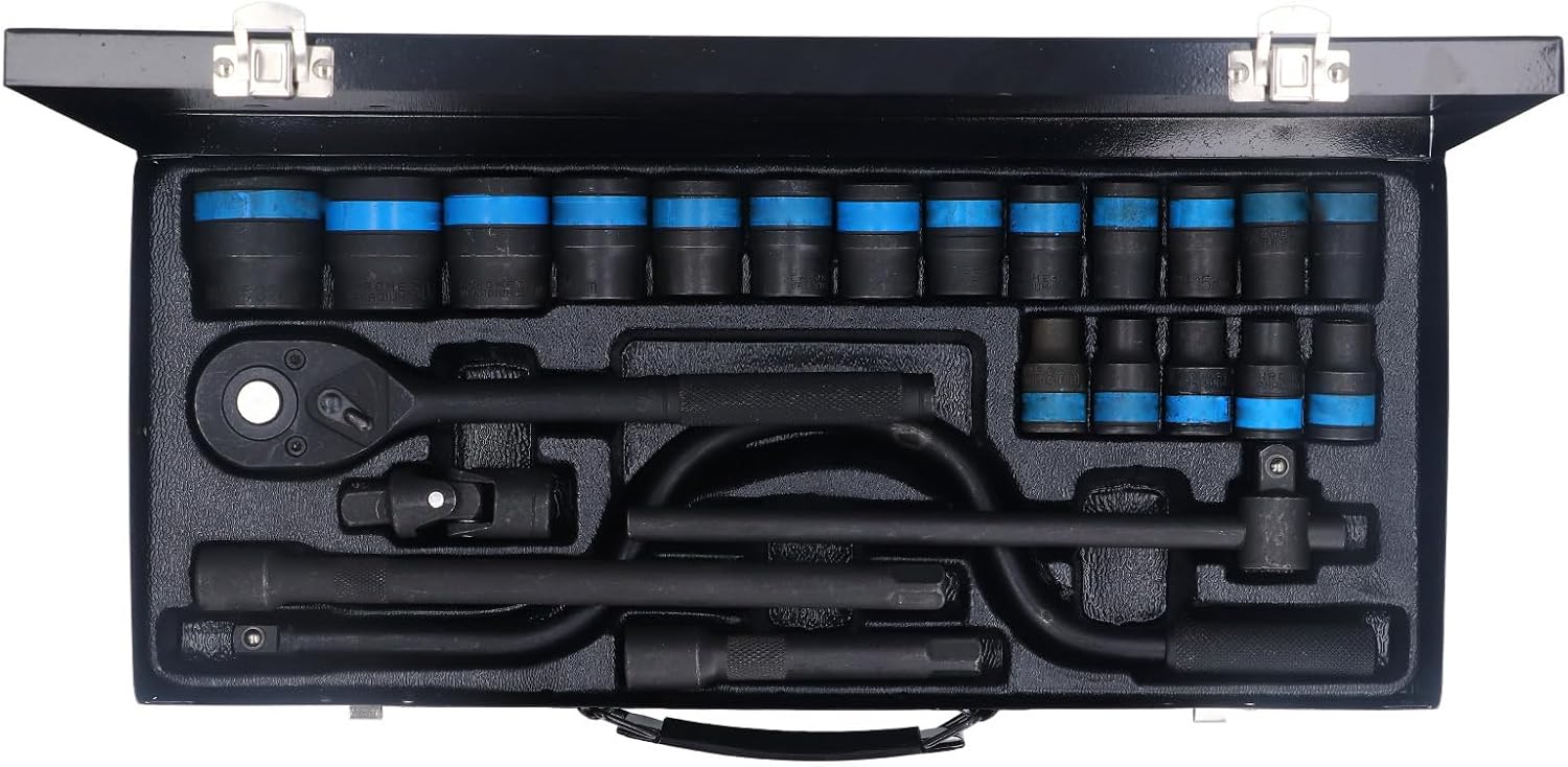 Luqeeg 24PCS Mechanics Socket Tool Set, 1/2 inch 832mm Metric Drive Impact Socket Dual Directional Ratchet Wrench Set with Extension Bar for Auto Machine Car Repair Home Garage