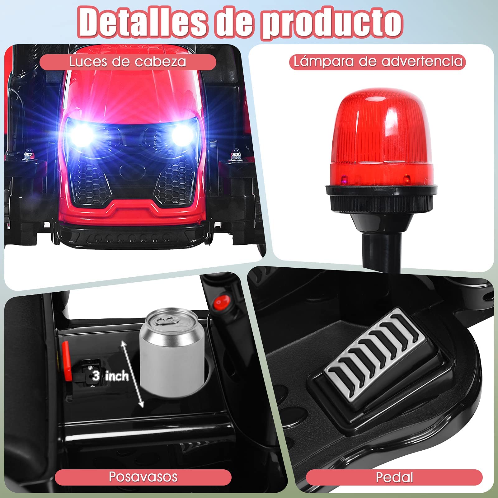 COSTWAY Tractor Eléctrico 12V 7AH para Niños con Remolque, Juguete 3-8 años, Mando 2,4G, Arnés Seguridad 2 Puntos, Faros, Música, USB (Rojo)