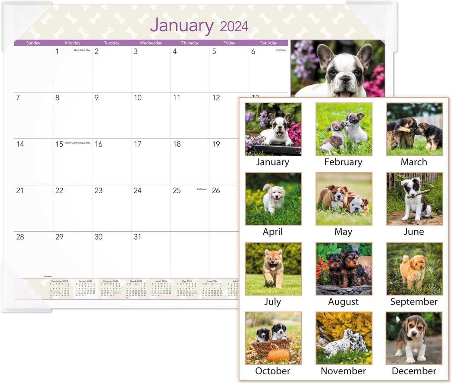 2024 AT-A-GLANCE® Monthly Desk Pad Calendar, 21-3/4" x 17", Puppies, January To December 2024, DMD16632