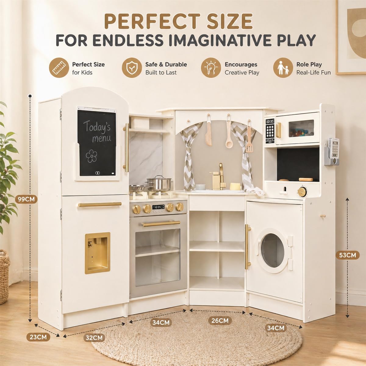 Large Wooden Corner Play Kitchen Sets with Ice Maker,Water Dispenser,Bread Maker,Washing Machine,Electronic Display,Toy Sink with Running Water,Stove with Light&Sounds, Birthday Gift for 3+Boys Girl