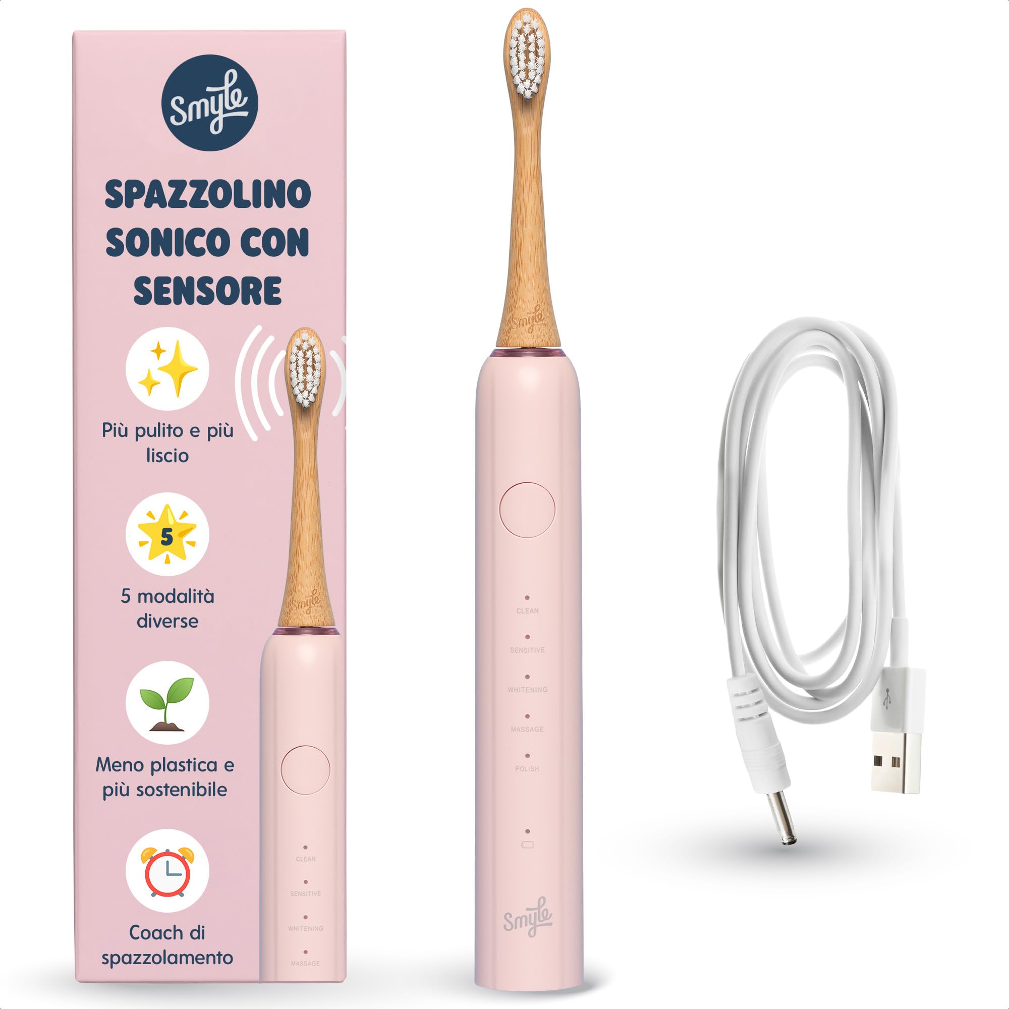 Smyle Spazzolino sonico con sensore, durata della batteria di 3 mesi, timer intelligente e 5 modalità di pulizia e impermeabile (Rosa Pastello)