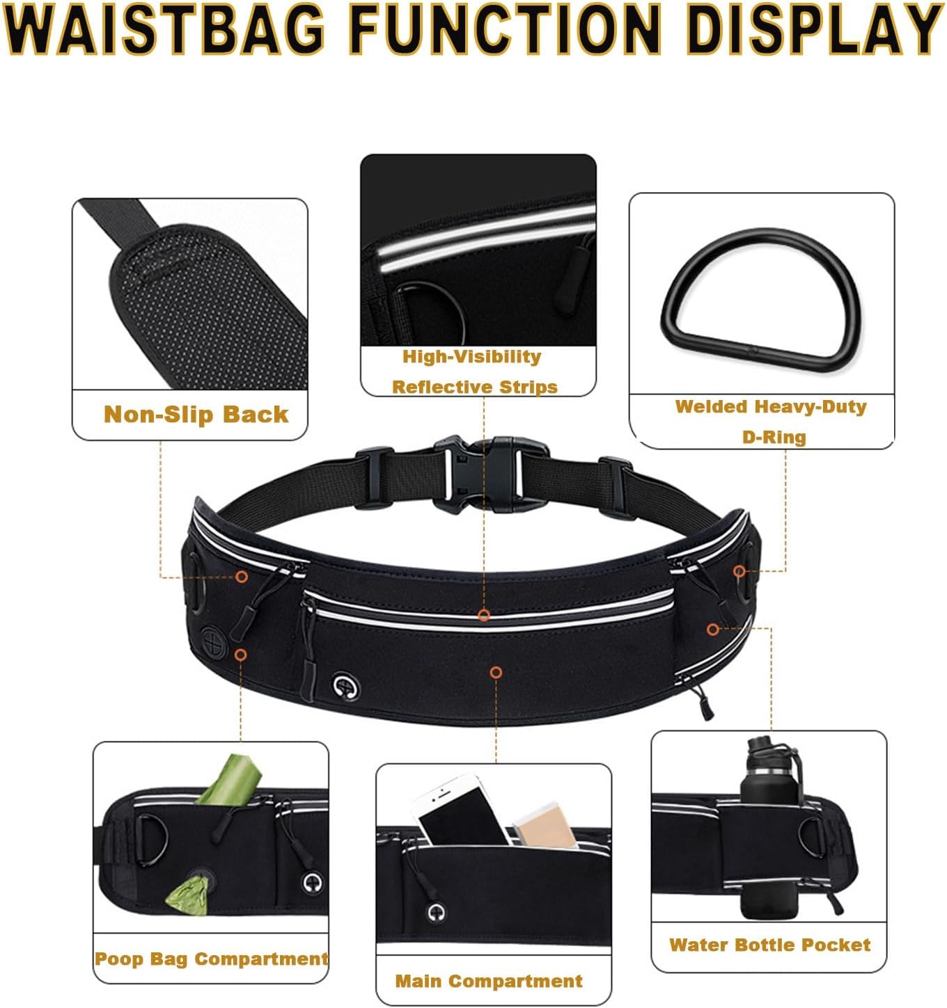 Hands-Free Dog Leash with Zippered Storage Bag, Retractable Sports Waist Pack, Shock-Absorbing Elastic Cord, for Walking Running, Ideal for Medium and Large Dogs(Black)