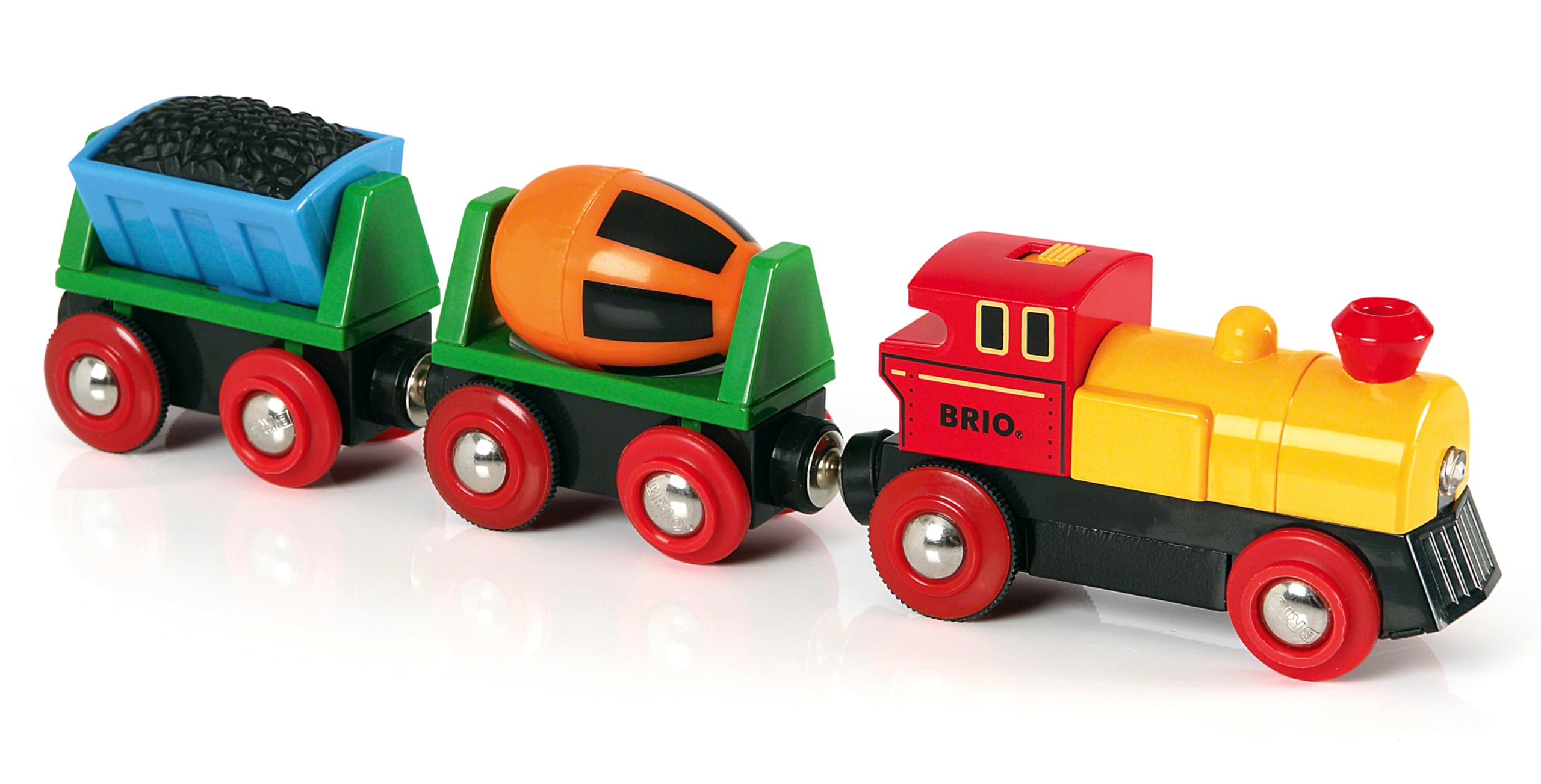 BRIO World 33319 Zug mit Batterielok - Mit beweglichem Kohlewaggon und rotierendem Zementwaggon - Geeignet für Kinder ab 3 Jahren