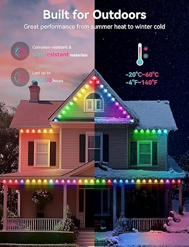 Miniatura 9 de Luces permanentes para exteriores, 100 pies inteligentes IC+RGB luces de Navidad para exteriores con 72 LED, IP67 impermeable LED aleros iluminación