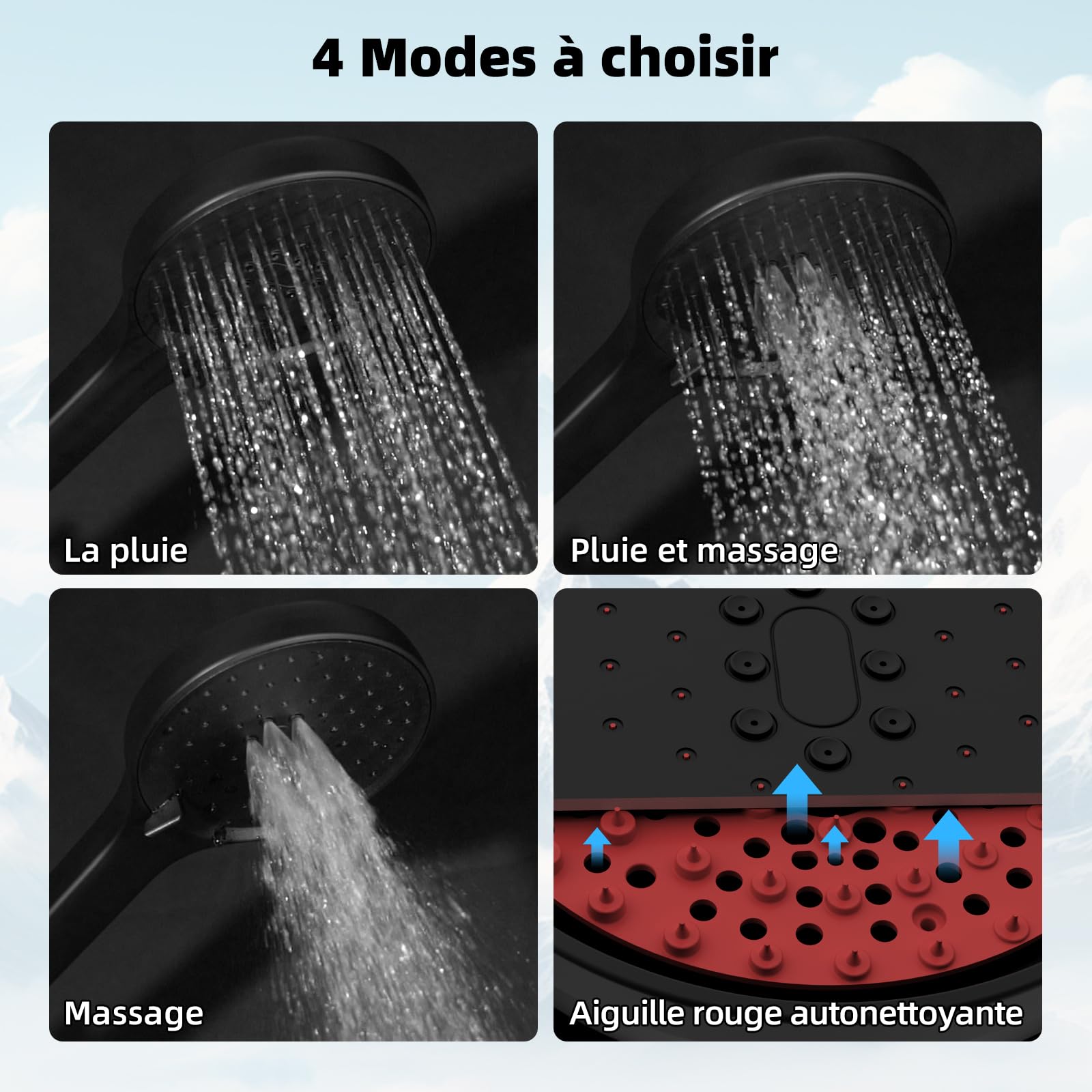 Hibbent Mélangeur de Douche Auto-Nettoyant, Système de Robinet de Douche Rond en Acier Inoxydable avec Tuyau, Pommeau de Douche et Douchette ABS,Noir | Pommeau de douche à 3 jets avec rail en acier inoxydable (304), réglable en hauteur, avec inverseur en