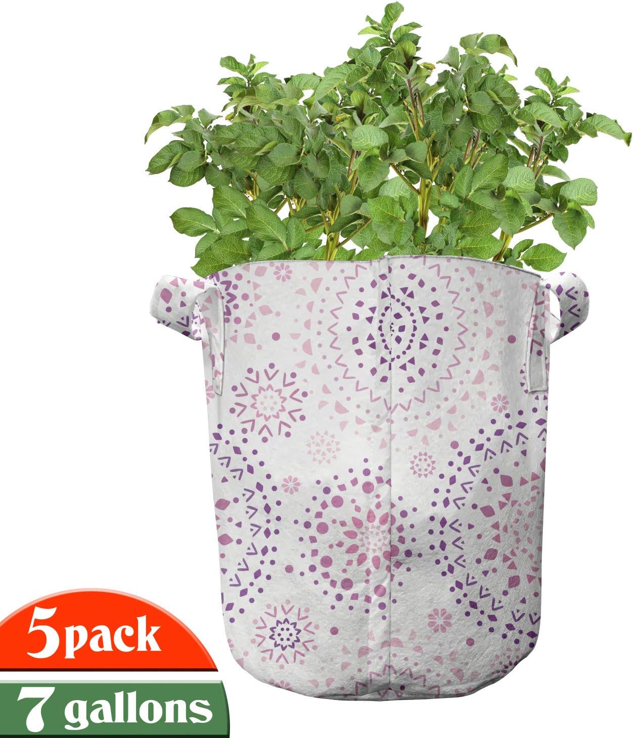 Ambesonne Mandala Grow Bags 5-Pack, Geometric Motifs, Heavyduty Fabric Pots with Handles for Plants, 7 Gallon, Blush Magenta and Purple