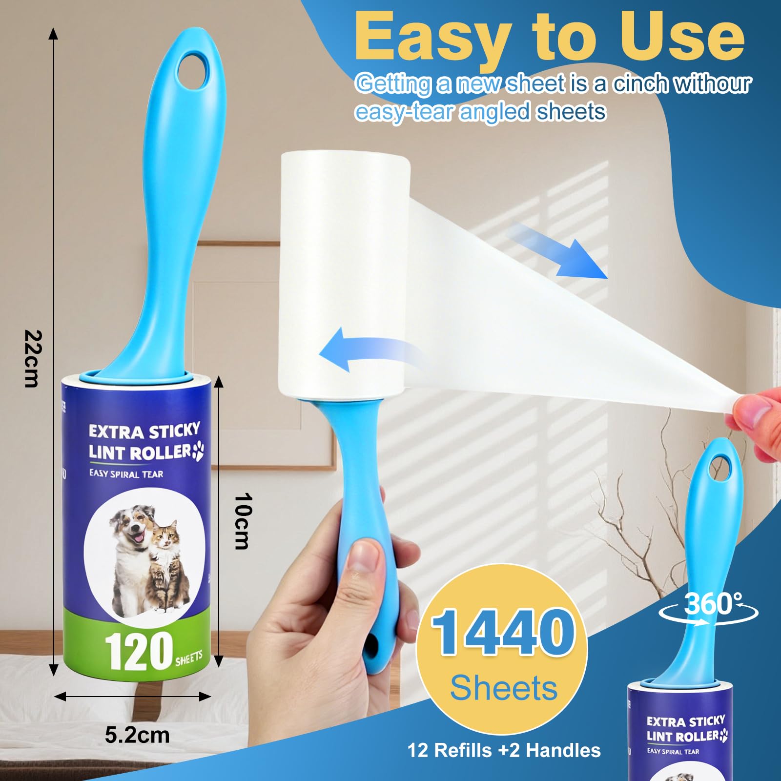 Brosse Anti Poils Animaux 1440 Feuilles très adhésives,12 Rouleaux avec 2 Poignées,Extra Collant Rouleau adhesif Vetement, Brosse Adhesive Poils Animaux