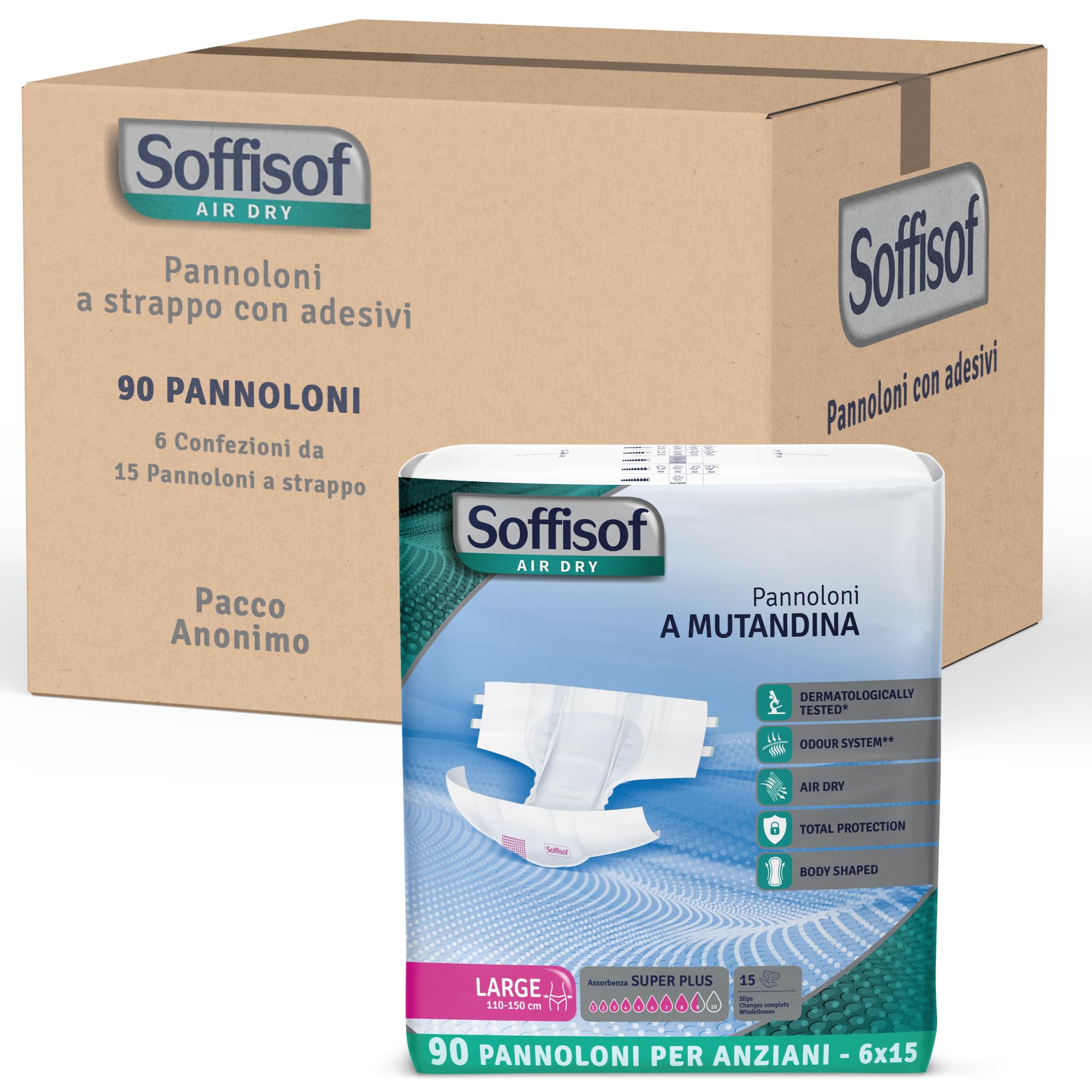 Soffisof Air Dry Pannoloni con Adesivi Super Plus L - 90x Pannoloni per Anziani a Mutandina - 6 Confezioni da 15 Pezzi, Assorbenza fino a 8,5 Gocce - Ausili Incontinenza Uomo e Donna