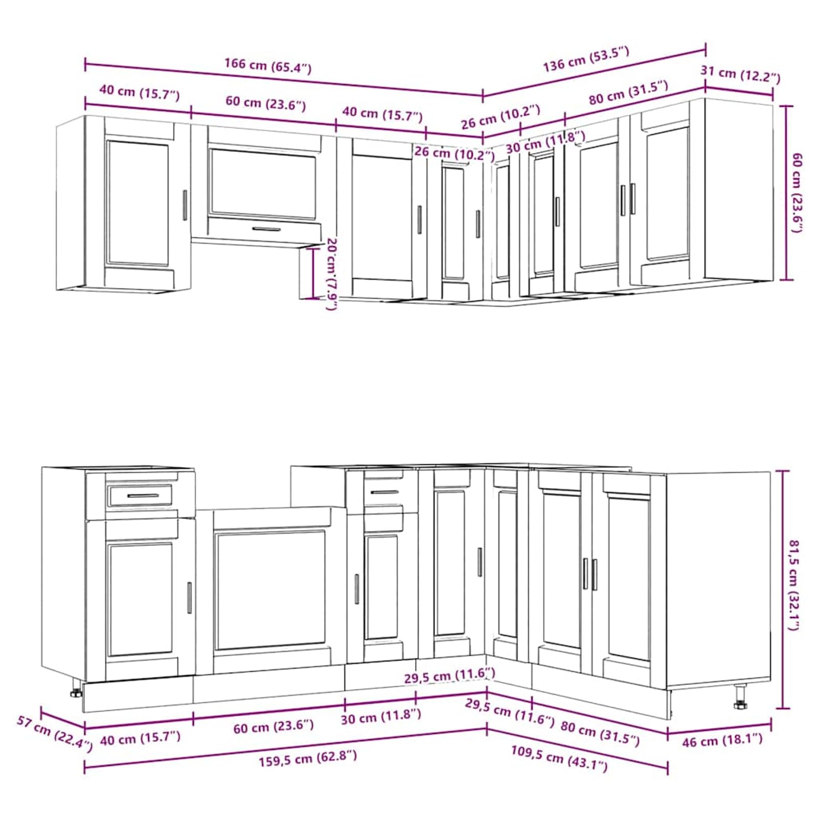 Homgoday Porto Küchenzeile 11-teilig mit Spüle & H?ngeschr?nken, Braun Eichen-Optik, Holzwerkstoff & Glas, 80-80 cm (B x H) Model3314968