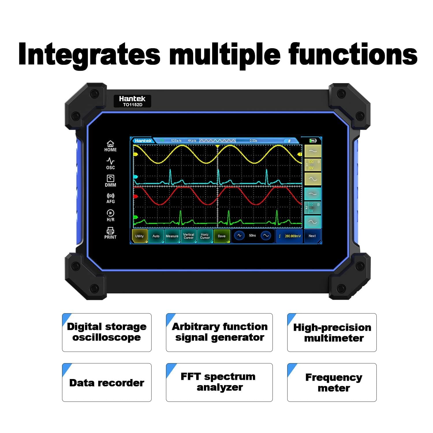 Hantek TO1112D Touch Screen Tablet Oscilloscope, 2 Channel Handheld Digital Oscilloscope with Signal Generator and Multimeter, 110MHz