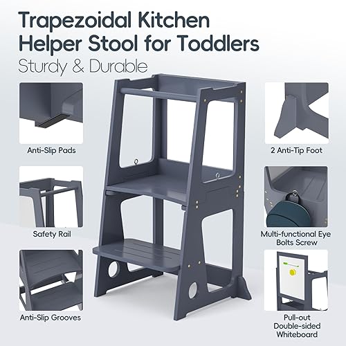 Miniatura 6 de Taburete 4 en 1 para niños pequeños, torre plegable de aprendizaje con pizarra blanca, mesa y silla convertible 2 en 1, riel de seguridad extraíble,