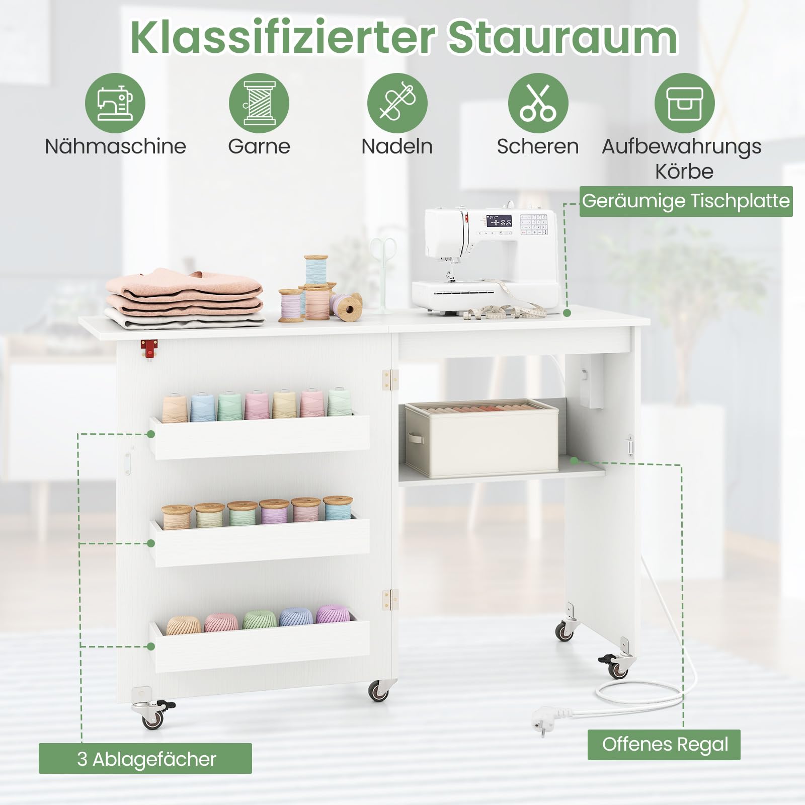 GIANTEX Nähtisch mit Ladestation, Nähmaschinentisch klappbar, Nähschrank mit Rollen, Nähmaschinenschrank Holz mit Stauraum, Nähtisch für Nähmaschine, Mehrzwecktisch 116 x 41 x 78 cm (Weiß)