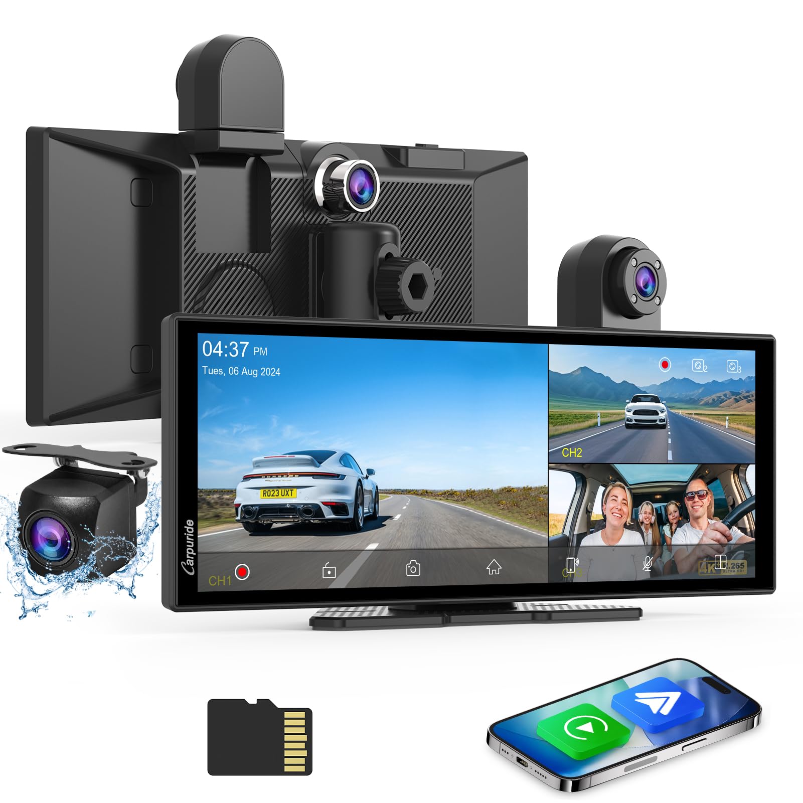 Carpuride W125S Carplay Schermo con 3 Canali Dash Cam, 4K Anteriore e 1080P Posteriore Camera, 1080P Infrarossi Abitacolo Camera, Senza Fili Carplay & Android Auto, 11,26" HD Tattile Schermo, BT.