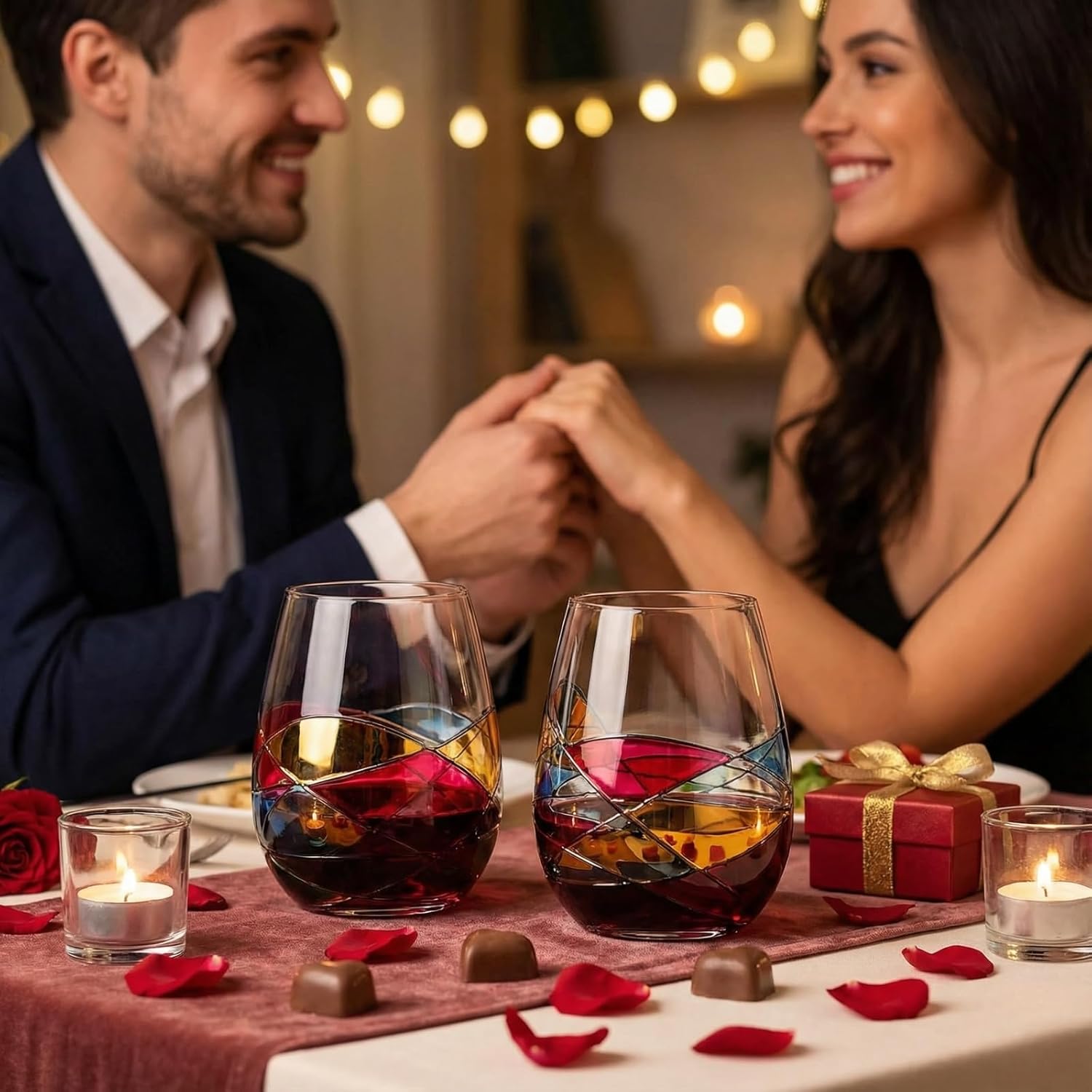 Artisanal Hand Painted Stemless Wine Glasses - Valentines Day Gift, Holiday Gifts for Her, Wife, Mom, Valentine, Renaissance Romantic Stain-glassed Windows, 2 Set - Gifts Idea Birthday, Housewarming - Image 7