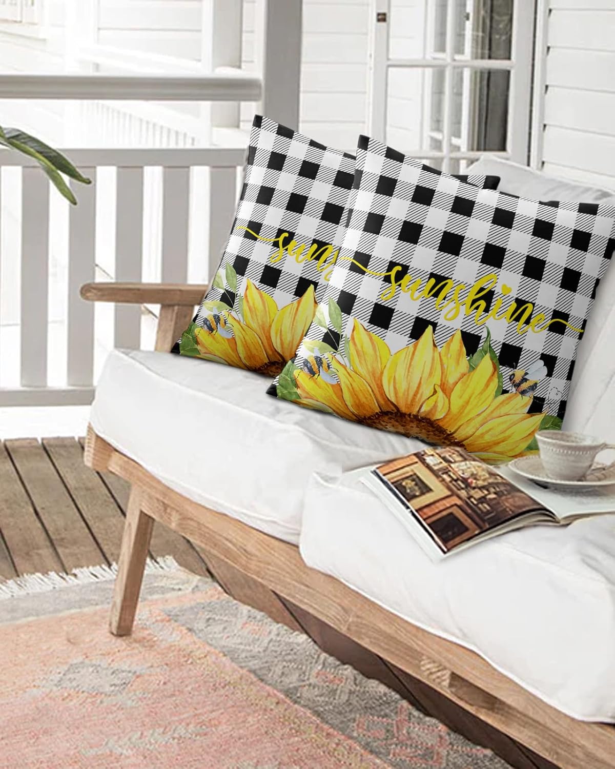 Outdoor Waterproof Throw Pillows Sunflower Bee Black White Plaid Patio Pillows Pack of 2,Decorative Pillow Covers with Insert,Pillow Cushion Case for Indoor Garden Couch Sofa Farm Yellow Floral