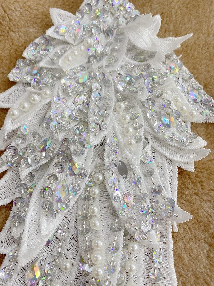 Zbroh Handmade 18 Colour Sew on Rhinestones Pearl Lace Applique Handsewing Beads Trim Patches for Dress Clothes Accessory (White)