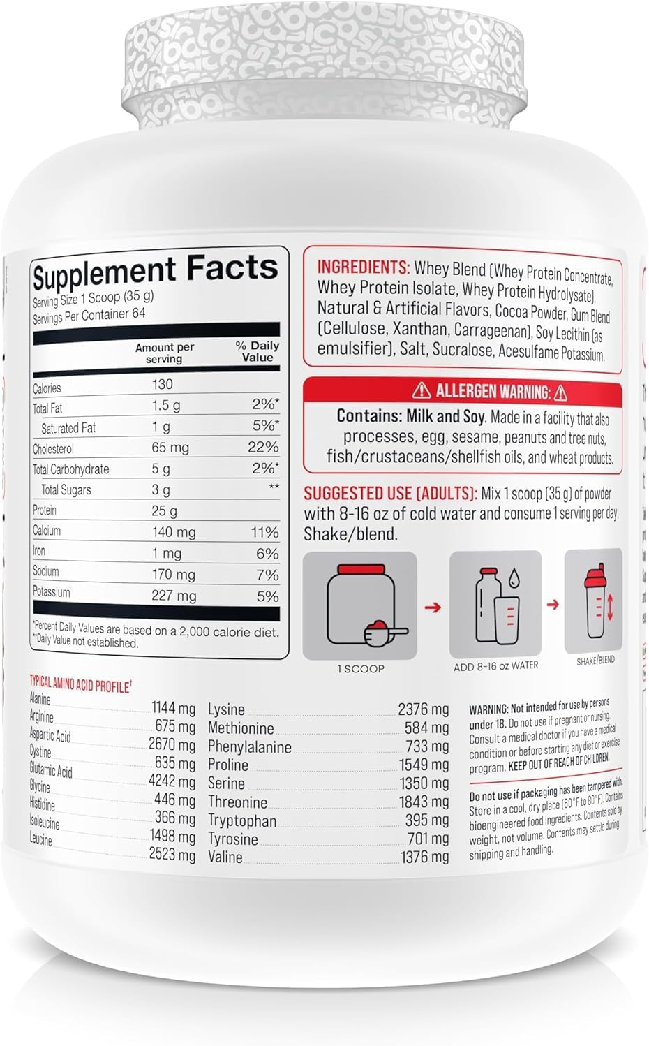 BASIC SUPPLEMENTS Whey Protein Powder, 25g Protein, Complete Amino Acid Profile, Gluten-Free, Low Fat, RBST-Free, Supports Muscle Recovery & Antibody Health