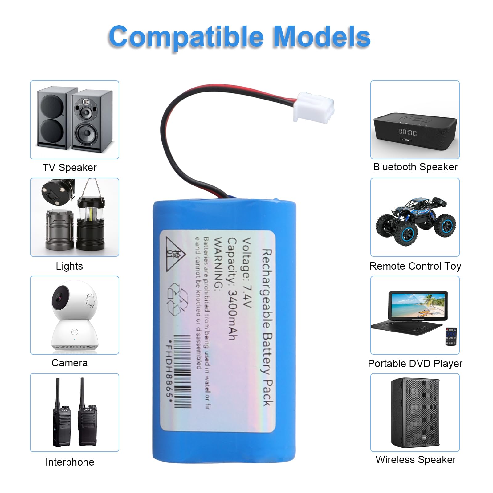 7.4V 3400mAh Rechargeable Batteries au Lithium-ION avec Connecteur XH2.54-2 Broches Fiche, 18650 2S1P, pour l'électronique, Appareils d'éclairage, Lampe Torche - 5