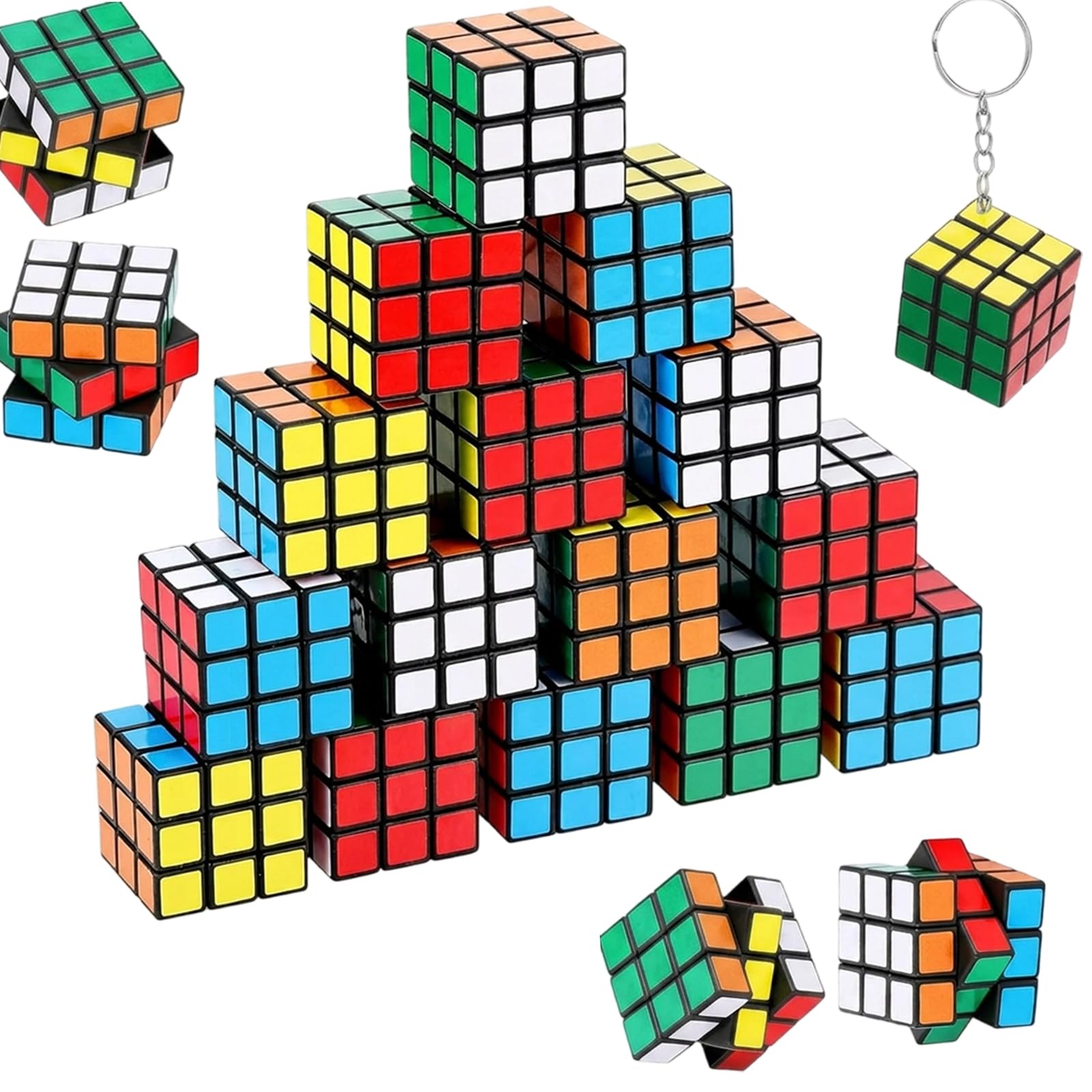 20PCS Mini Rubix Cube Keyrings, 3x3x3cm Rubix Cube Puzzle Set with Keychain, Portable Rubix Cube Keyring Party Bag Fillers for students, School Rewards and Birthday Gifts